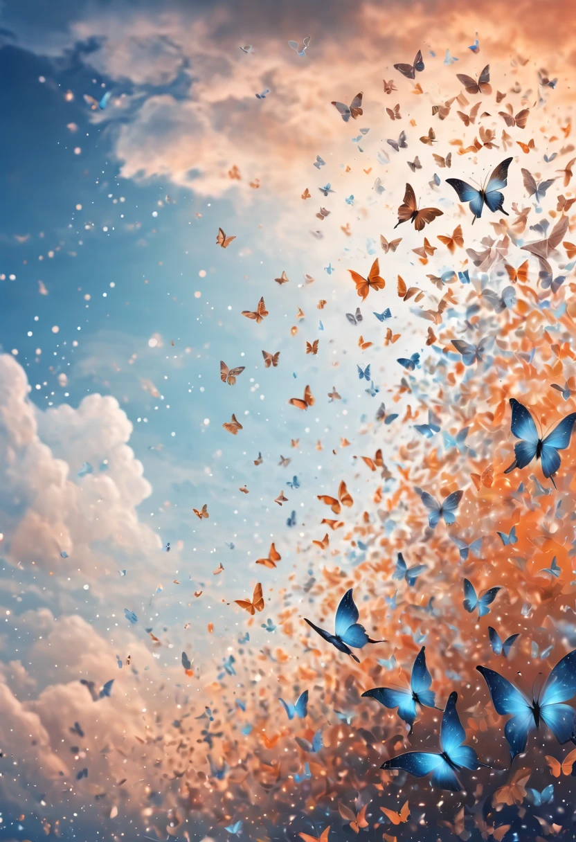 Magical, soft tones, clouds with orange, blue, gray, brown colors, detail, magical butterfly close up, thousand of small silhouettes of (magical fairies) in the sky like particles flowing in the air,