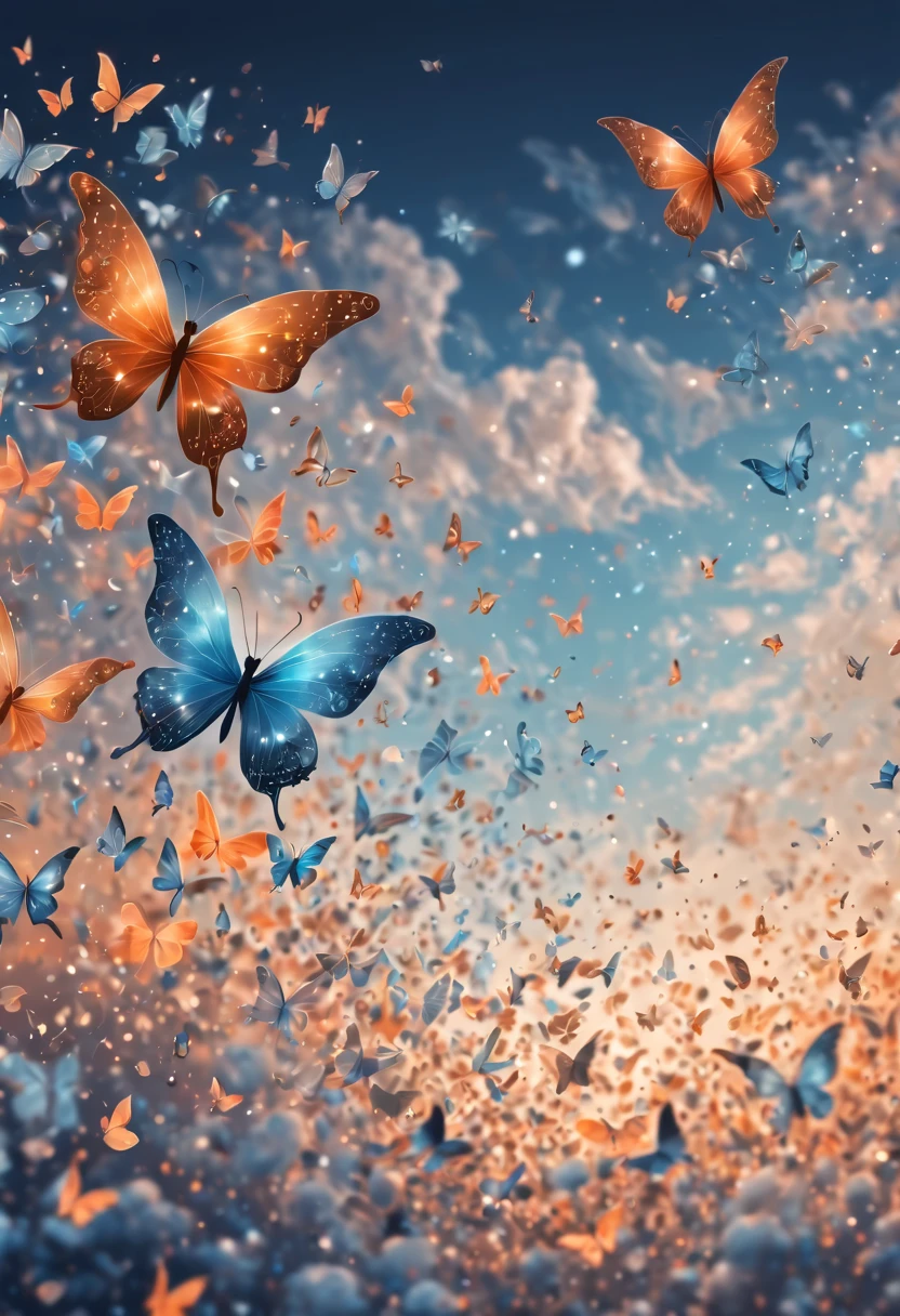 Magical, soft tones, clouds with orange, blue, gray, brown colors, detail, magical butterfly close up, thousand of small silhouettes of (magical fairies) in the sky like particles flowing in the air,