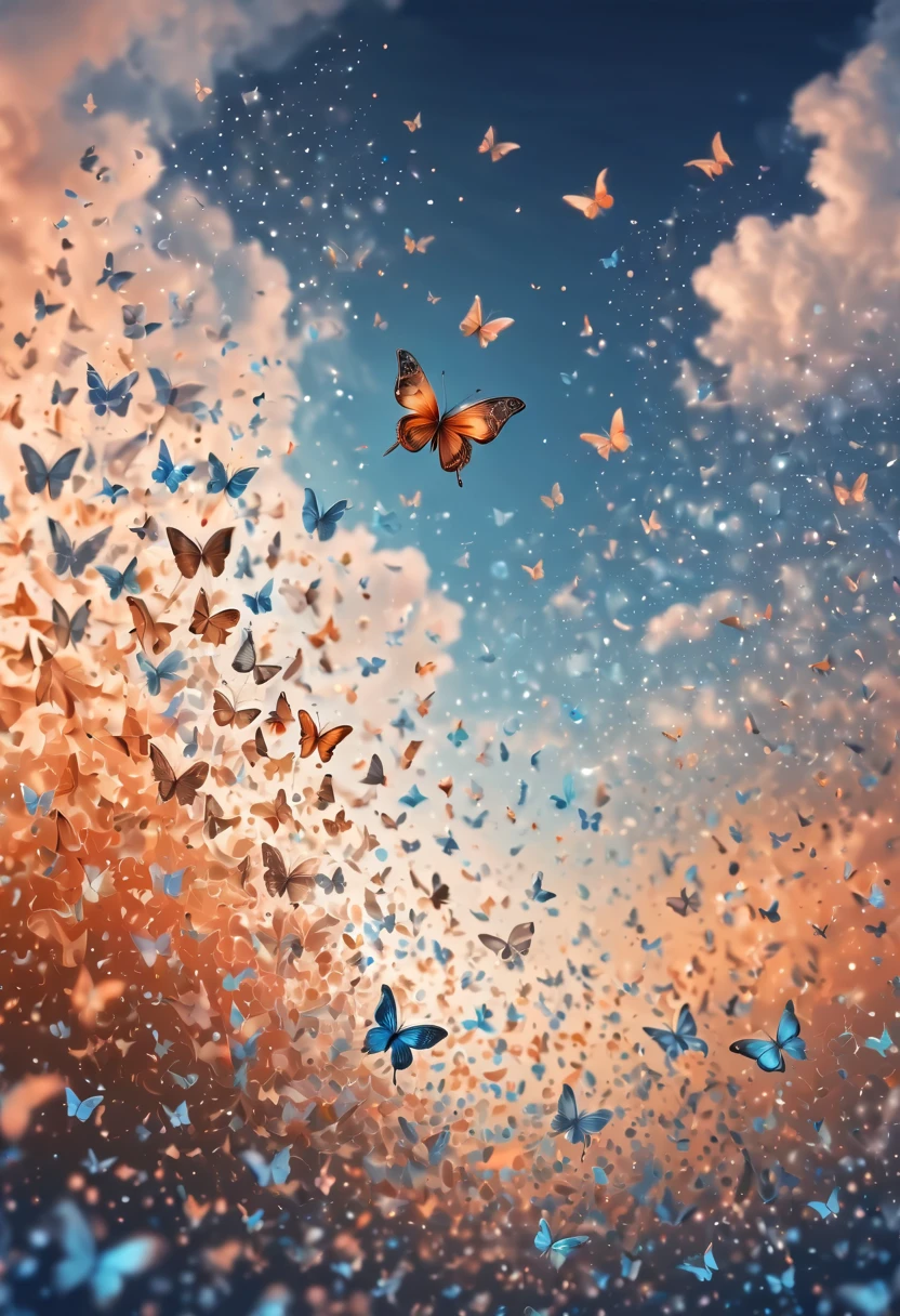 Magical, soft tones, clouds with orange, blue, gray, brown colors, detail, magical butterfly close up, thousand of small silhouettes of (magical fairies) in the sky like particles flowing in the air,