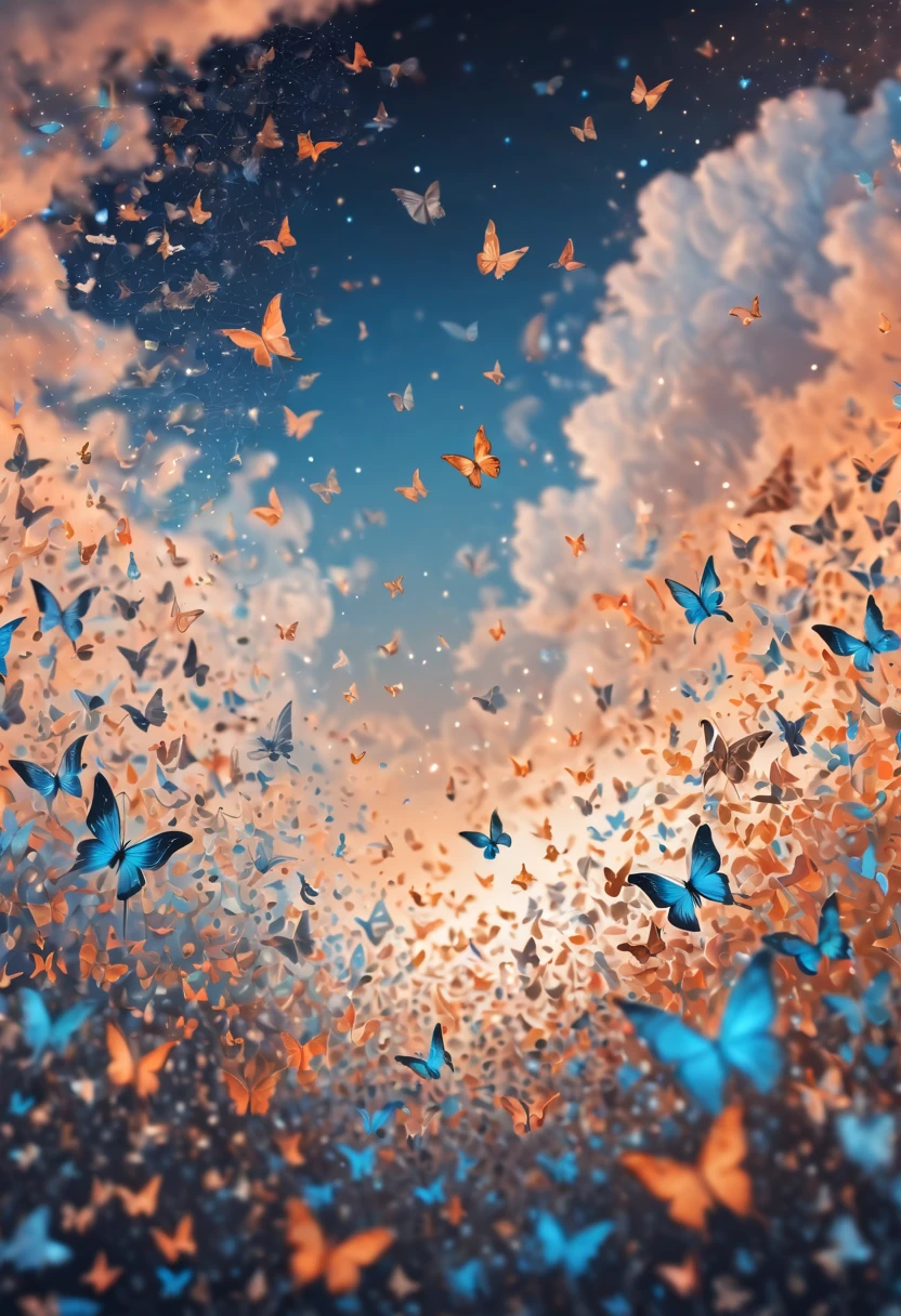 Magical, soft tones, clouds with orange, blue, gray, brown colors, detail, magical butterfly close up, thousand of small silhouettes of (magical fairies) in the sky like particles flowing in the air,