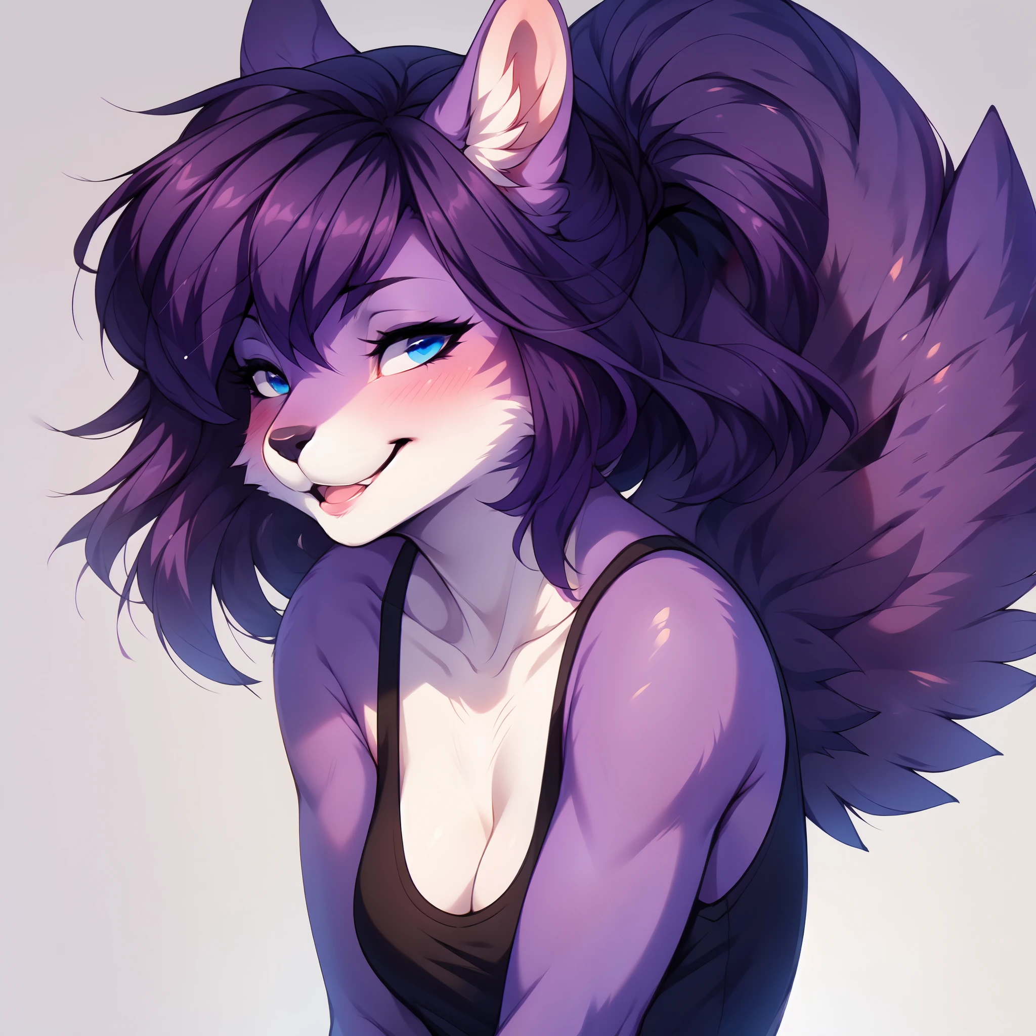 Solo, by fumiko, by hyattlen, by hioshiru,  Kaori, blue eyes, black nose, purple squirrel girl, short purple hair, ponytail, purple furry body, wearing black tank top, portrait, close up, blushing, head tilted, squinting:2, coy smile, mouth slightly open, laughing, shy, no background, 