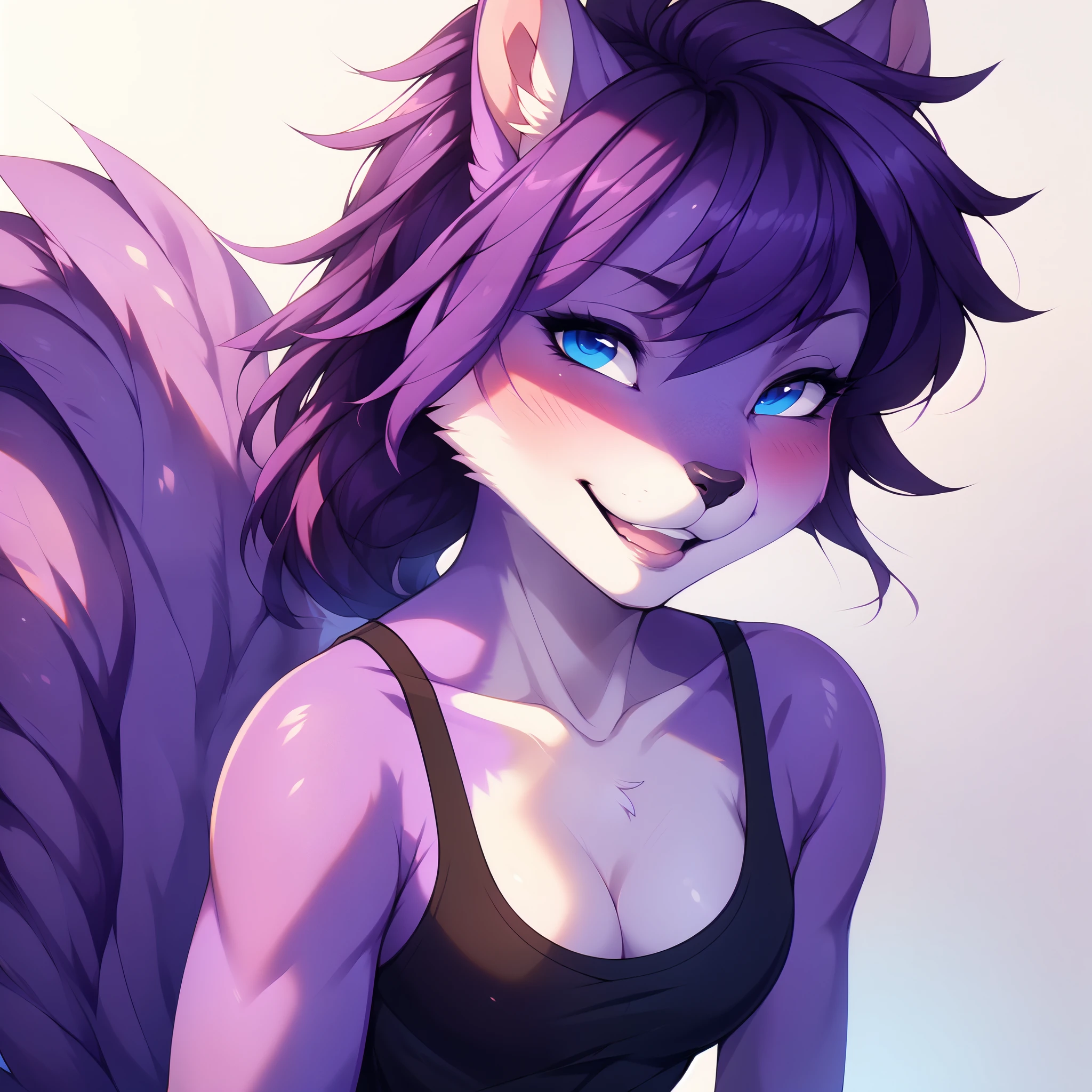 Solo, by fumiko, by hyattlen, by hioshiru, Kaori, blue eyes, black nose, purple squirrel girl, short purple hair, ponytail, purple furry body, wearing black tank top, portrait, close up, squinting, blushing, head tilted, coy smile, mouth slightly open, laughing, shy, no background,