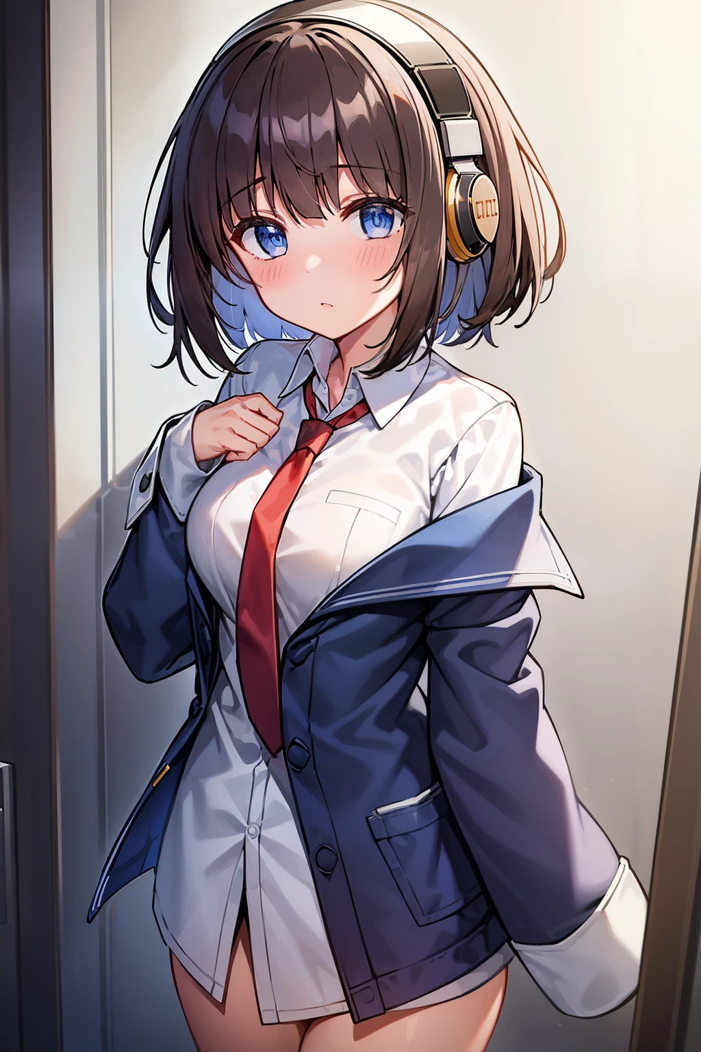 1girl,solo, blue_eyes,blush,bangs,headphones,brown_hair,breasts,black_hair,collared_shirt,white_shirt,long_sleeves,red_necktie,blue_jacket,sleeves_past_wrists,off_shoulder,sleeves_past_fingers, short hair