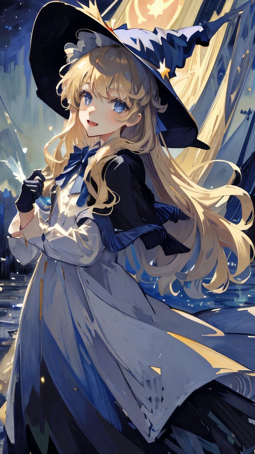 ((masterpiece:1.2, best quality)), 1girl, solo, (witch hat), blonde hair, long hair, dress, aurora, night, star (sky), gloves, sky, white dress, night sky, open mouth, starry sky, blue eyes, ribbon, very long hair, red dress, smile, hair ribbon, cape, blue hair, (bird), magic, casting spell, dark clouds, night, (impressionism:1.4), (tarot:1.3), alphonse mucha,