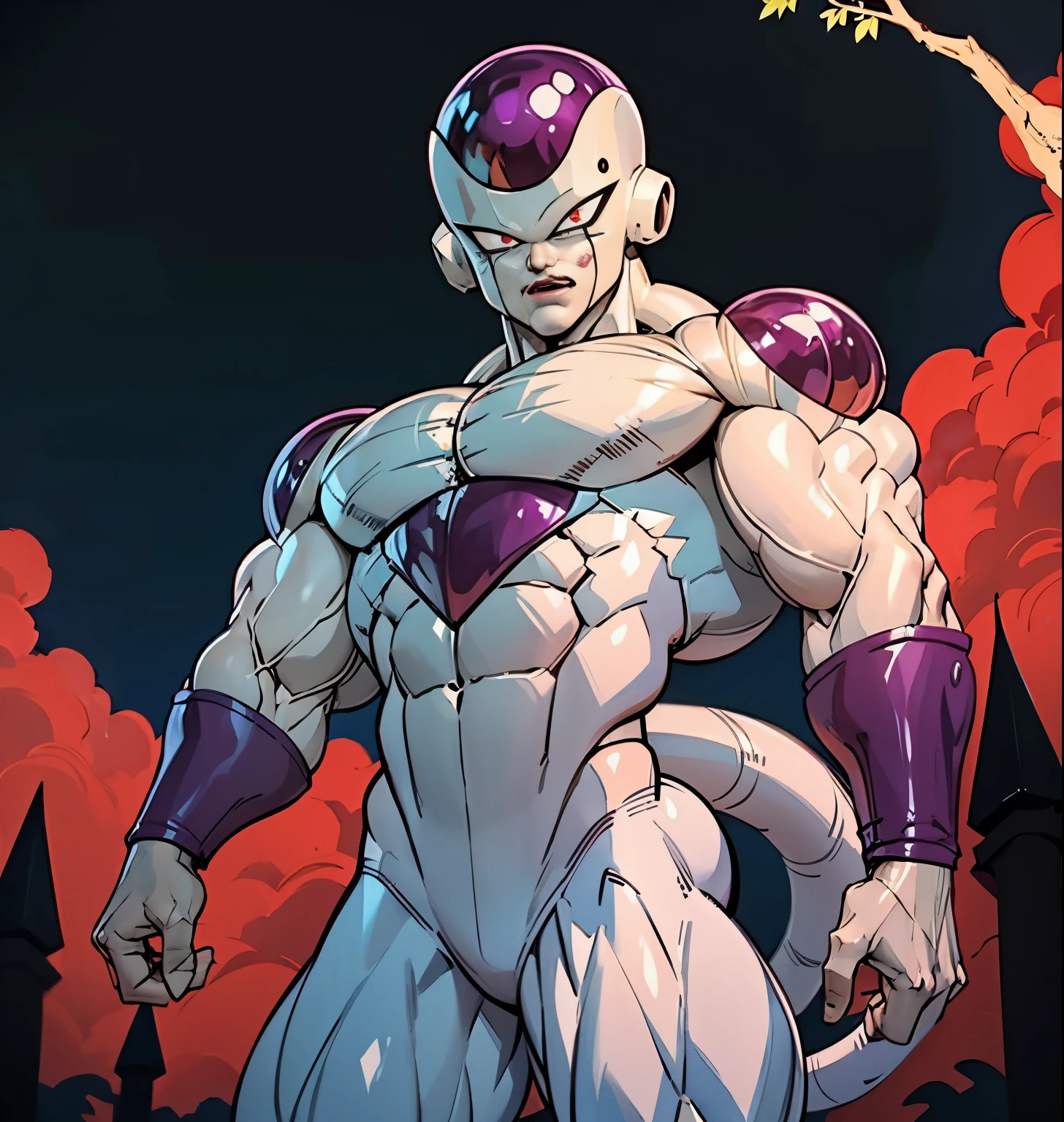 [(ES) ((masterpiece)) & (frieza), ((best illustration)) & ((extremely delicate and beautiful))),  ((bulky muscles)), (large shoulders), ((veiny)), ((large biceps)), hyper muscle, high resolution,  cowboy shot, 1 boy, male focus, solo, red eyes, tail, watercolor:0.8, ((white biceps)), ((white hands)), serious expression, black sky, night, creepy night sky, clouds at night, raining, very dark, covered in blood,])