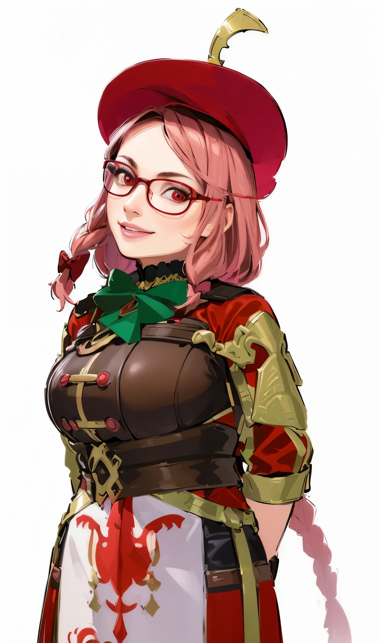 (best quality,4k,8k,highres,masterpiece:1.2),ultra-detailed,(realistic,photorealistic,photo-realistic:1.37),bright lighting,red eyes,red glasses,witch,woman in her 30s,red hat,braided hair,pink hair,colorful palette,illustration style,leatherbreastplate,gold decoration,A bow tie,smile