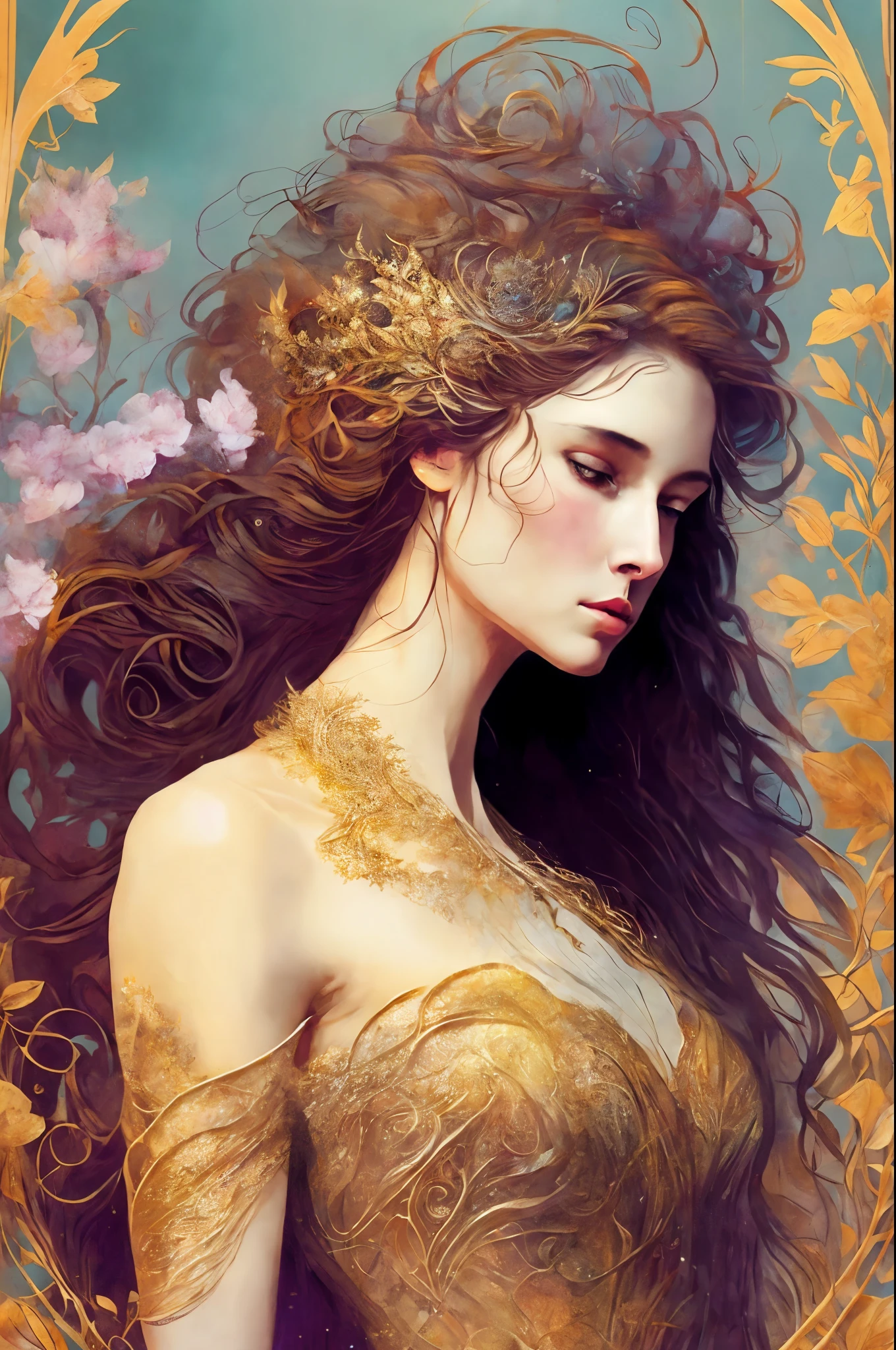 A perfect female figure stands before you, her shapeless long hair cascading down in intricate waves, revealing her perfect features that embody the essence of ethereal beauty. She is adorned in a Rococo style evening dress, the fabric delicately detailed, shimmering under the light in an abstract background that speaks of stand-alone beauty and near perfection. The golden ratio gracefully accentuates her purity of form, with minimalist elements adding to the abundance of intricate detail. The unfinished concept art of Carne Griffiths, Wadim Kashin, Brian Froud, and John William Waterhouse encapsulates the vision of sharp focus and high resolution that brings the scene to