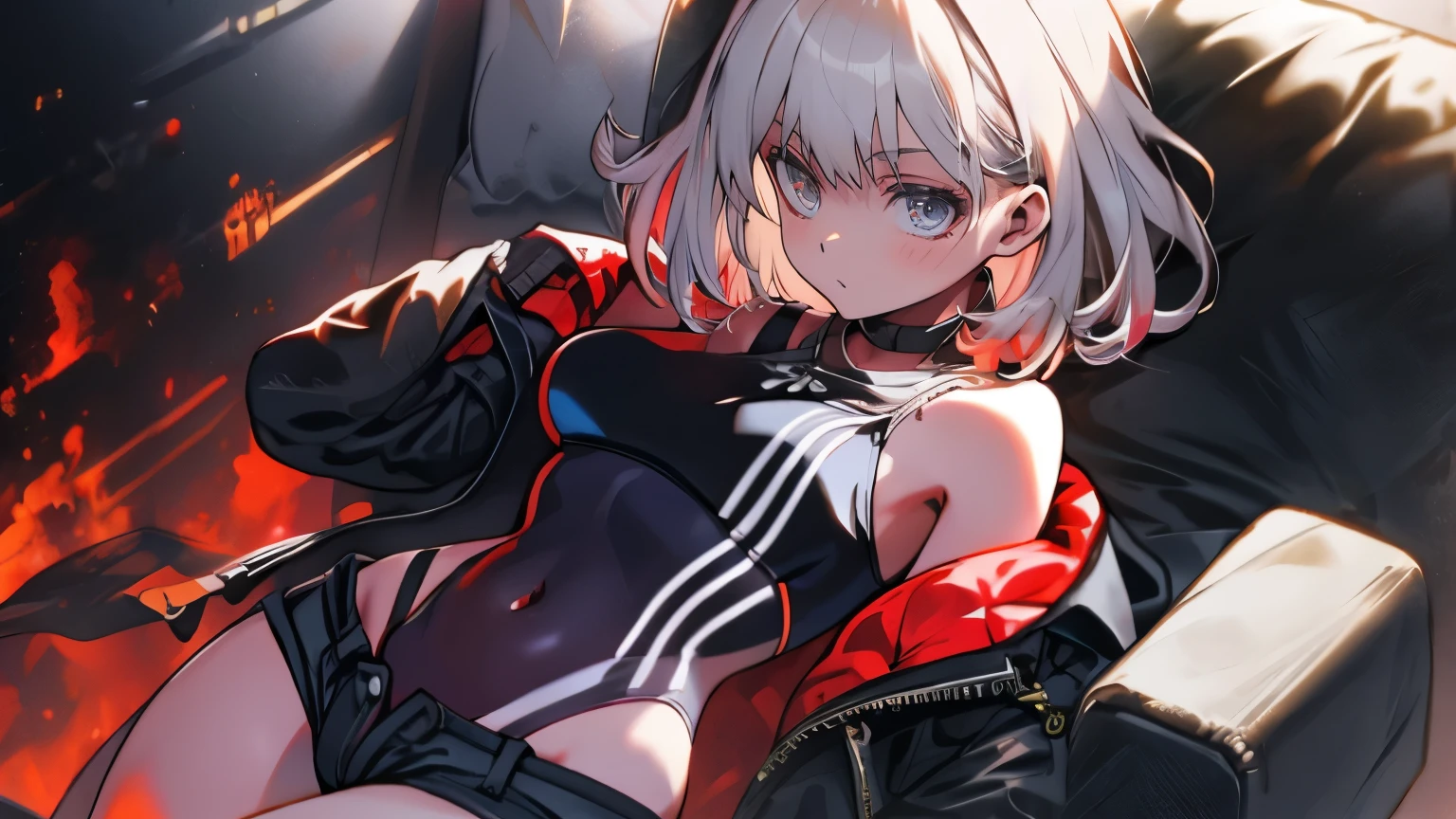 (Highly detailed CG Unity 8K wallpaper), (super detailed), masterpiece, highest quality, Lucy (cyber punk), body suit, alone, chest, cyber punk city, colorful hair, short hair, looking at the viewer, medium chest, black body suit, gray eyes, hip wind, clothing clippings, thigh gap, covered navel, white jacket, bare shoulders, short shorts, sofa,