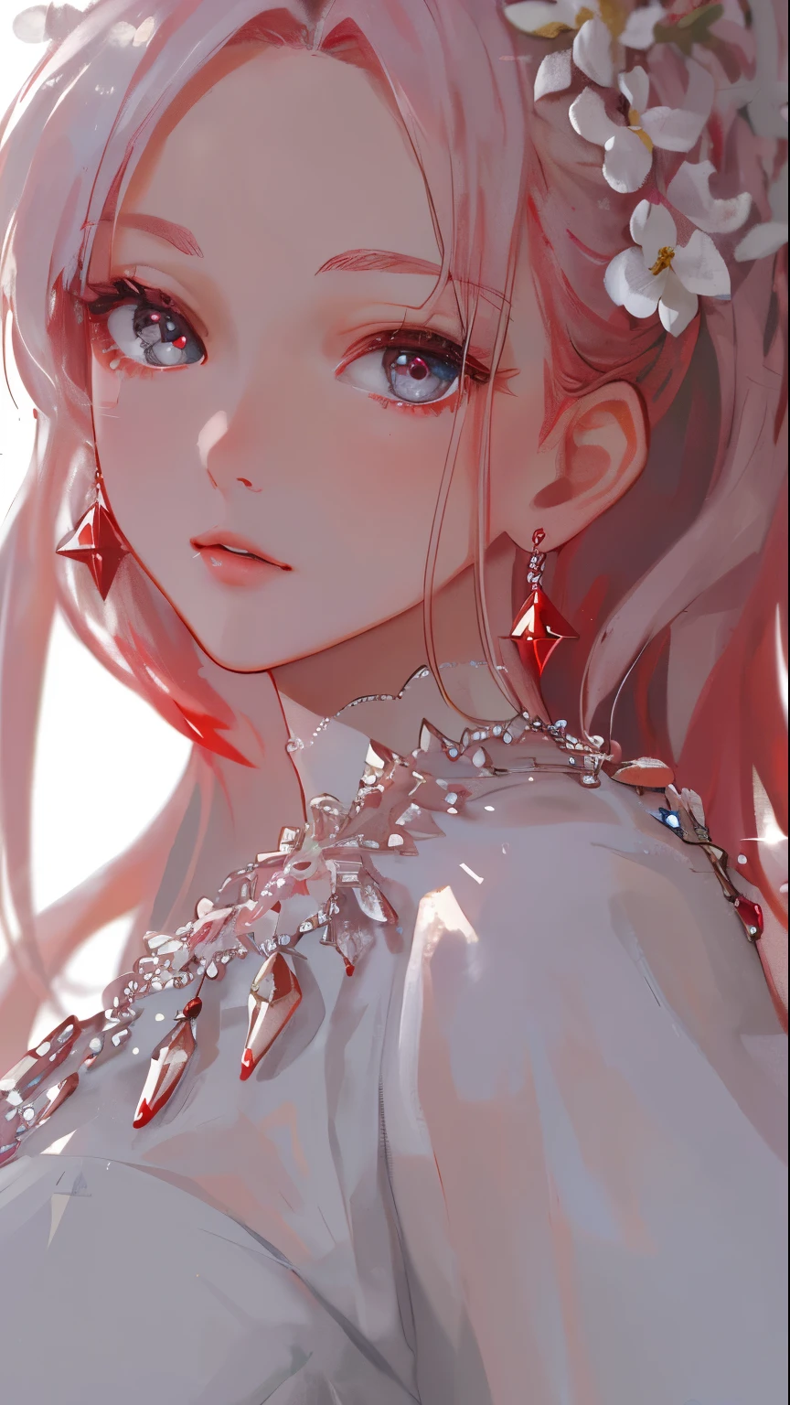 masterpiece, highest quality, figure, red, platinum earrings, Platinum Necklace, white dress, 1 girl, cute, (dynamic lighting:1.2), cinematic lighting, delicate features, fine eyes, sharp pupils, good shape big breasts, realistic student, Depth of bounds written, Bokeh, sharp focus, (very detailed, bloom, shine:1.4), Many Small Gems