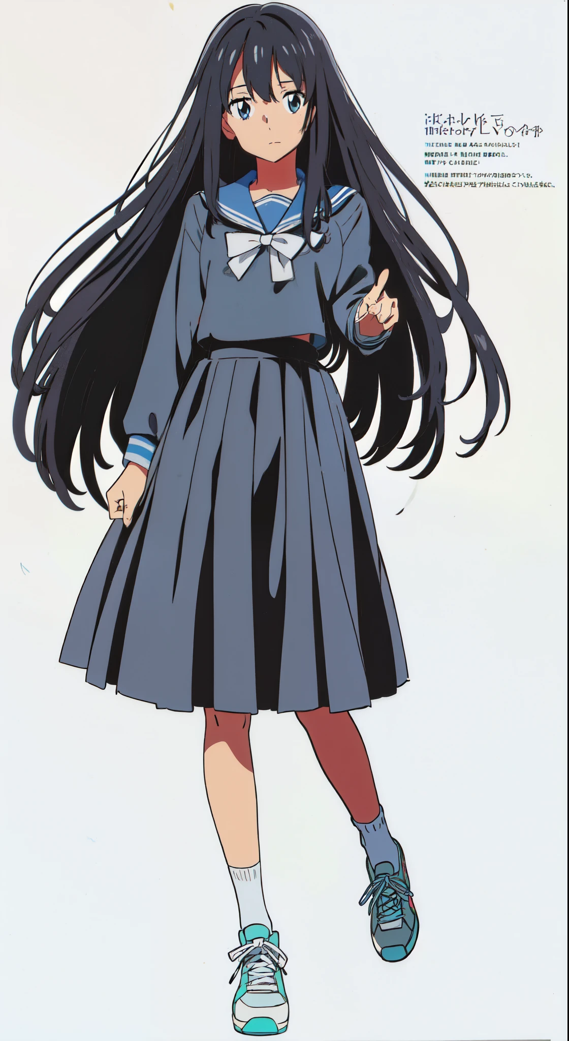 (best quality:1.0), (white background:1.0), (best quality:1.0), (masterpiece:1.0), (super fine illustration:1.0), (beautiful artwork:1.0), (anime screencap:1.0), (official art:1.0), (full body:1.0), (solo:1.0), (a 15yo cute girl:1.0), (long skirt:1.0), (dark blue skirt:1.0), (pleated skirt:1.0), (dark blue sailor uniform:1.0), (long sleeve sailor uniform:1.0), (sneakers:1.0), (white socks:1.0), (ideal ratio body proportions:1.0), (lanky:1.0), (tall:1.0), (slender:1.0), (small breasts:1.0), (smaller face:1.0), (tareme:1.0), (detailed beautiful eyes:1.0), (detailed beautiful face:1.0), (glowing black eyes:1.0), (medium hair:1.0), (black hair:1.0), (standing:1.0), (looking at viewer:1.0)