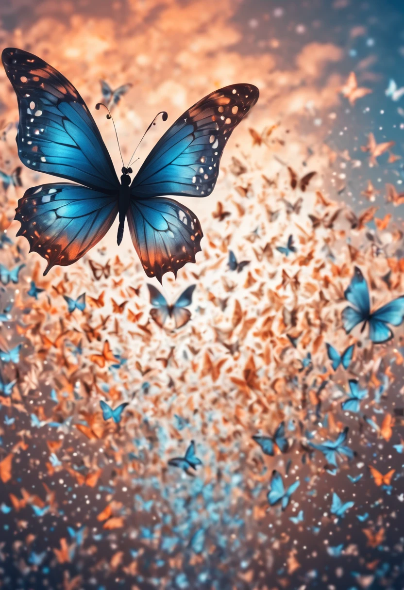 Magical, soft tones, clouds with orange, blue, gray, brown colors, detail, magical butterfly close up, thousand of small silhouettes of (magical fairies) in the sky like particles flowing in the air,