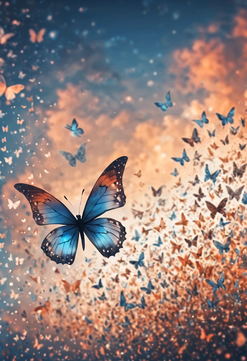 Magical, soft tones, clouds with orange, blue, gray, brown colors, detail, magical butterfly close up, thousand of small silhouettes of (magical fairies) in the sky like particles flowing in the air,