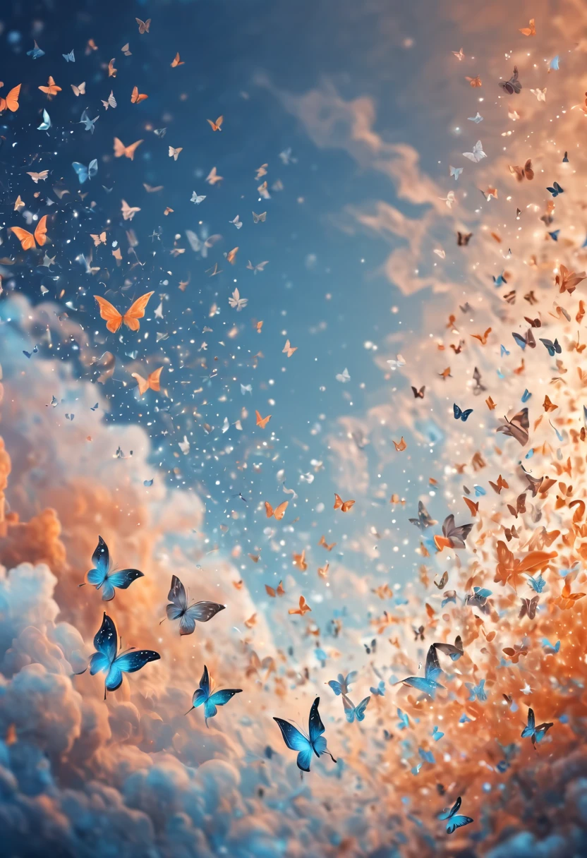 Magical, soft tones, clouds with orange, blue, gray, brown colors, detail, magical butterfly close up, thousand of small silhouettes of (magical fairies) in the sky like particles flowing in the air,