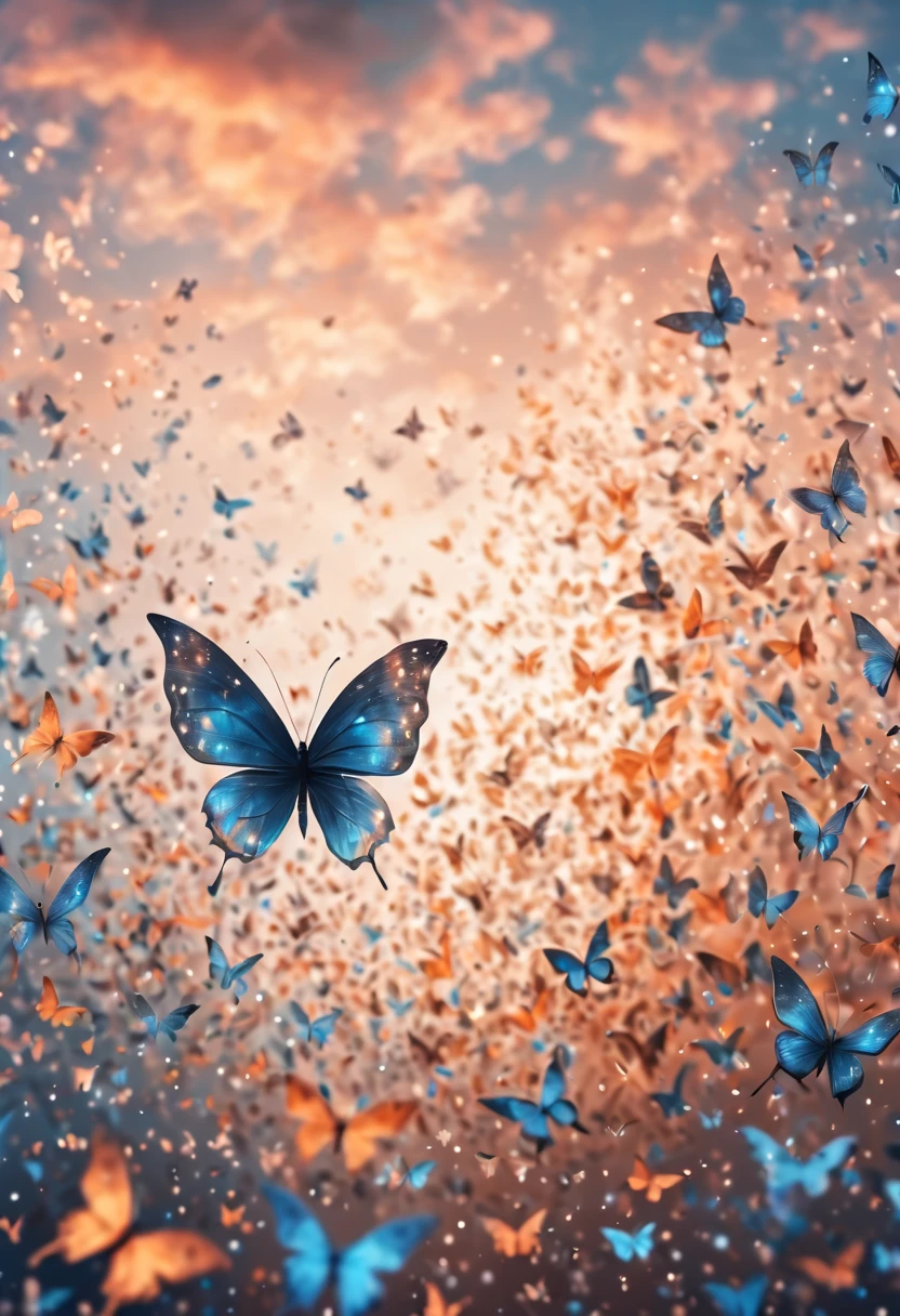 Magical, soft tones, clouds with orange, blue, gray, brown colors, detail, magical butterfly close up, thousand of small silhouettes of (magical fairies) in the sky like particles flowing in the air,