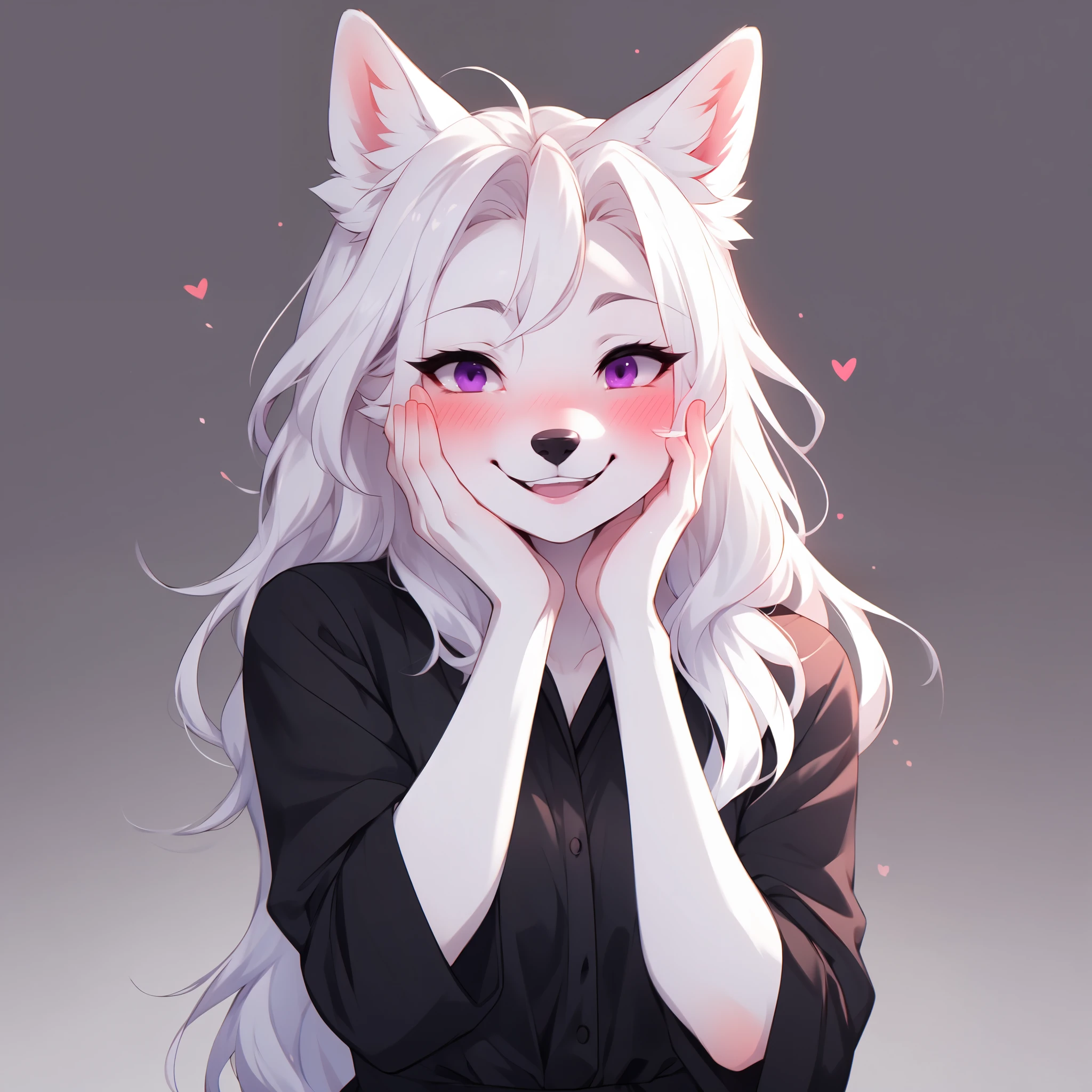 Solo, by fumiko, by hyattlen, by hioshiru, an all white wolf girl, tall, mature, snout, long white hair, white ears, purple eyes, black nose, wearing black blouse, portrait, blushing, her hands on her face, giggling, laughing, squinting, head tilted, coy smile, shy, no background