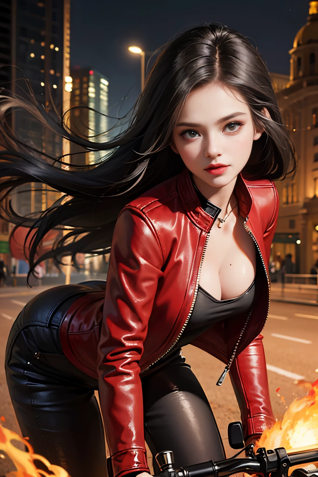(skin dents:1.5), realistic, realistic, (masterpiece:1.5), concept art, intricate details, very detailed, realistic, octane rendering, 8K, unreal engine, dynamic pose, highest quality, High resolution, (realistic face:1.1), (surreal:1.1), ((full_body)), perfect eyes,(shiny skin:1.2), (((hairstyle))), (((perfect hands))), (very detailed背景), ((dynamic background)), ((lightning)), (light), ((1 girl)), wearing a long leather jacket, Black leather long pants, under the red shirt, (((flowing jacket))), ((fine eyes, high quality eyes, high quality face)), (very complicated jacket, magic jacket), long black hair, Throwing fire, electricity, swirling fire, radiant power, ((dramatic)), amazing, city, Depth of bounds written, Bokeh, 4K, riding on motorcycle