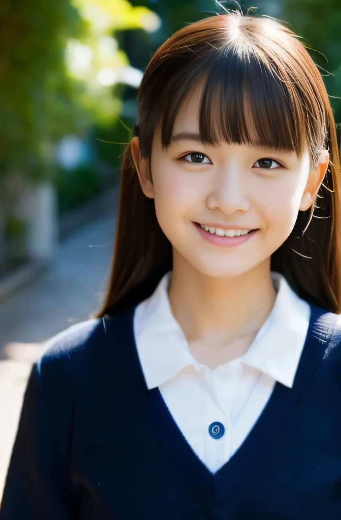 from outside, Lens 135mm f1.8,(Best Quality),(masutepiece:1.1), (Beautiful 14 year old girl),japanaese girl, Cute face, ((flat chest)), (Small breasts), (Chiseled face:0.7), (hitornfreckles:0.6), Cute lips, Dappled sunlight, Dramatic Lighting, (Japan school uniform), (in a school), ((腰から上の写真))、立っている、身体は視聴者の方向を向く、cute smile, 下着を着ていない、no_bra, ((プリーツのスカート))、