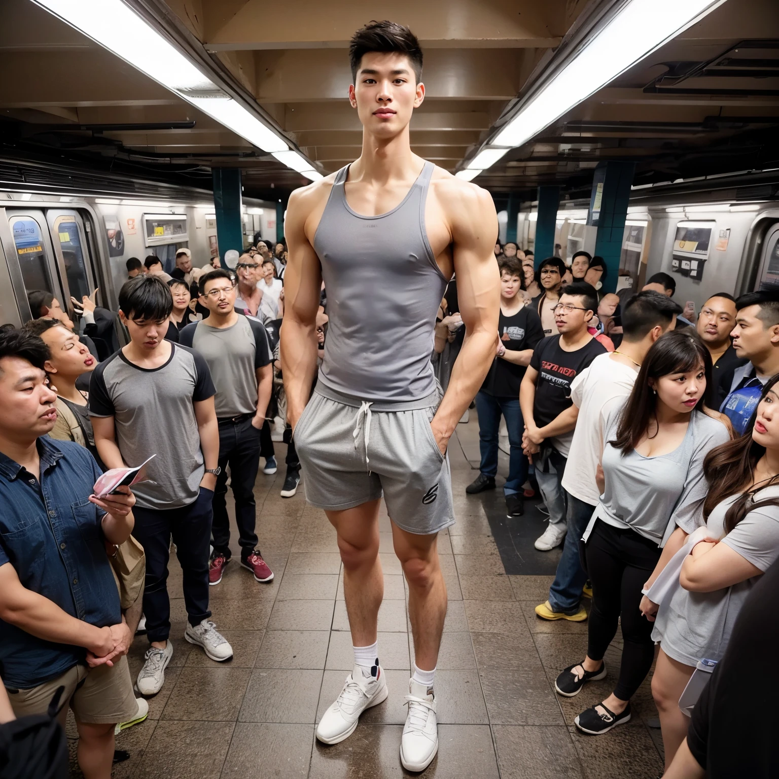 An extremely tall guy, handsome Chinese, athletic, short clean hairstyle, wearing a gray tank top and white sports shoes, smiles as he towers over a bustling crowd on a New York City subway platform. His height makes him stand out dramatically, with onlookers gazing up in admiration, full body