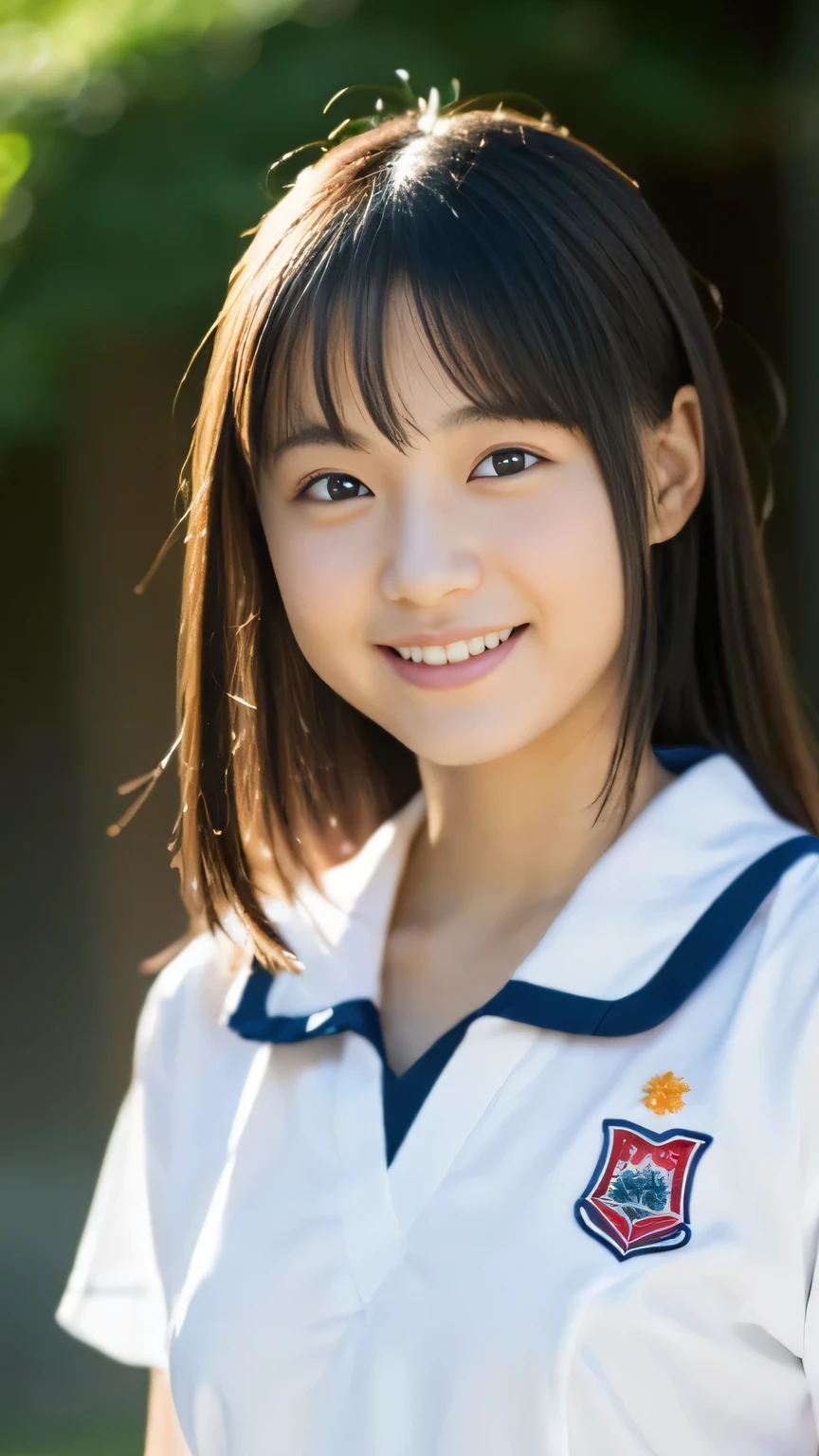 from outside, Lens 135mm f1.8,(Best Quality),(masutepiece:1.1), (Beautiful 14 year old girl),japanaese girl, Cute face, ((flat chest)), (Small breasts), (Chiseled face:0.7), (hitornfreckles:0.6), Cute lips, Dappled sunlight, Dramatic Lighting, (Japan school uniform), (in a school), ((腰から上の写真:1.2))、立っている、身体は視聴者の方向を向く、cute smile, 下着を着ていない、no_bra, ((プリーツのスカート:1.2))、