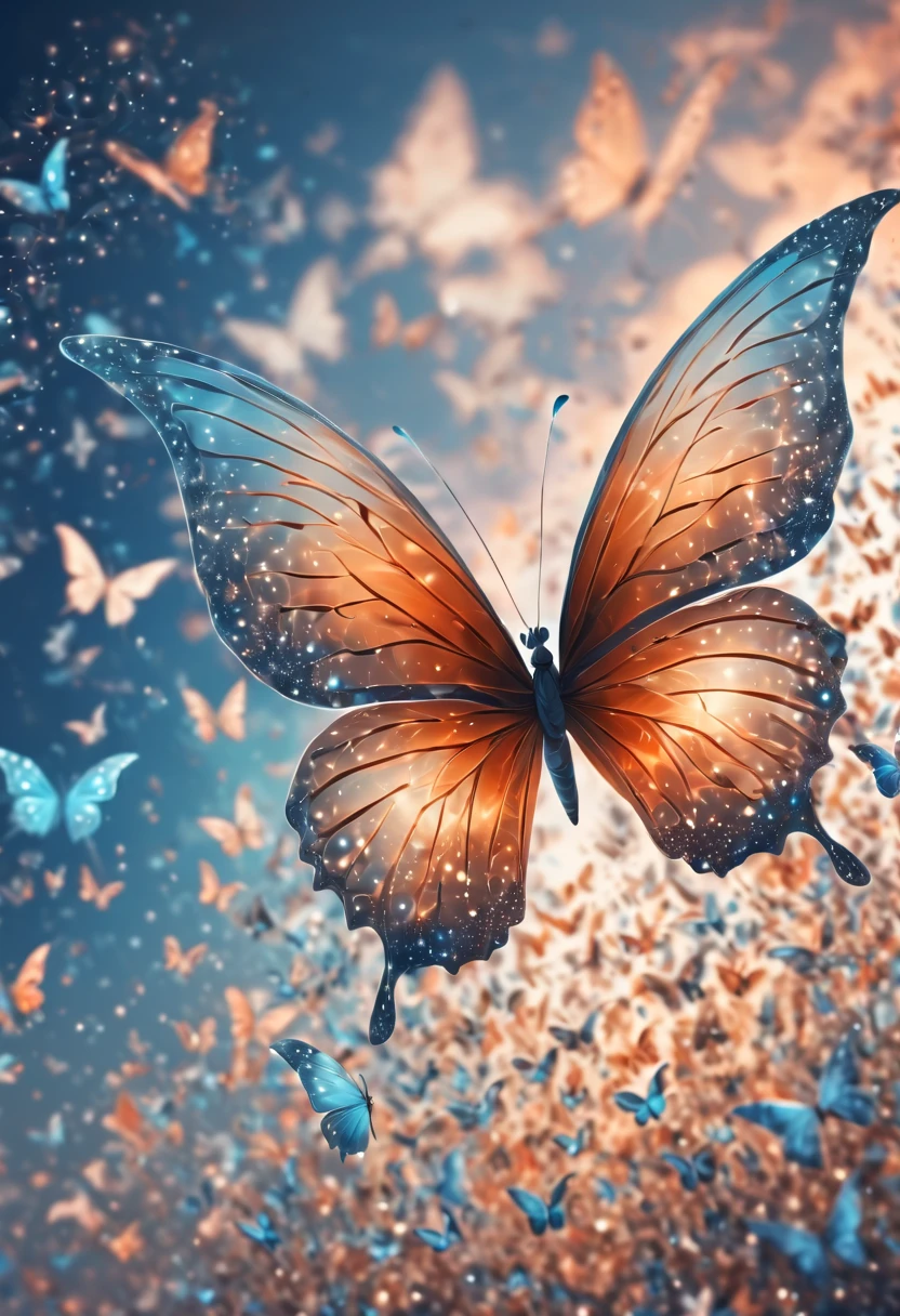 Magical, soft tones, clouds with orange, blue, gray, brown colors, detail, magical butterfly close up, thousand of small silhouettes of (magical fairies) in the sky like particles flowing in the air,
