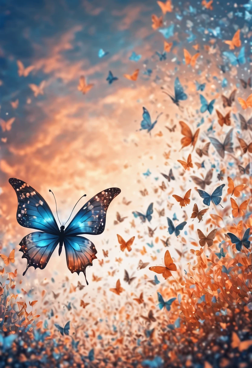 Magical, soft tones, clouds with orange, blue, gray, brown colors, detail, magical butterfly close up, thousand of small silhouettes of (magical fairies) in the sky like particles flowing in the air,