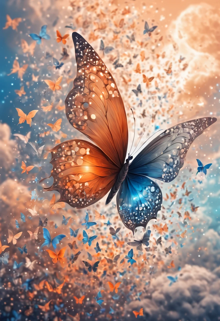 Magical, soft tones, clouds with orange, blue, gray, brown colors, detail, magical butterfly close up, thousand of small silhouettes of (magical fairies) in the sky like particles flowing in the air,