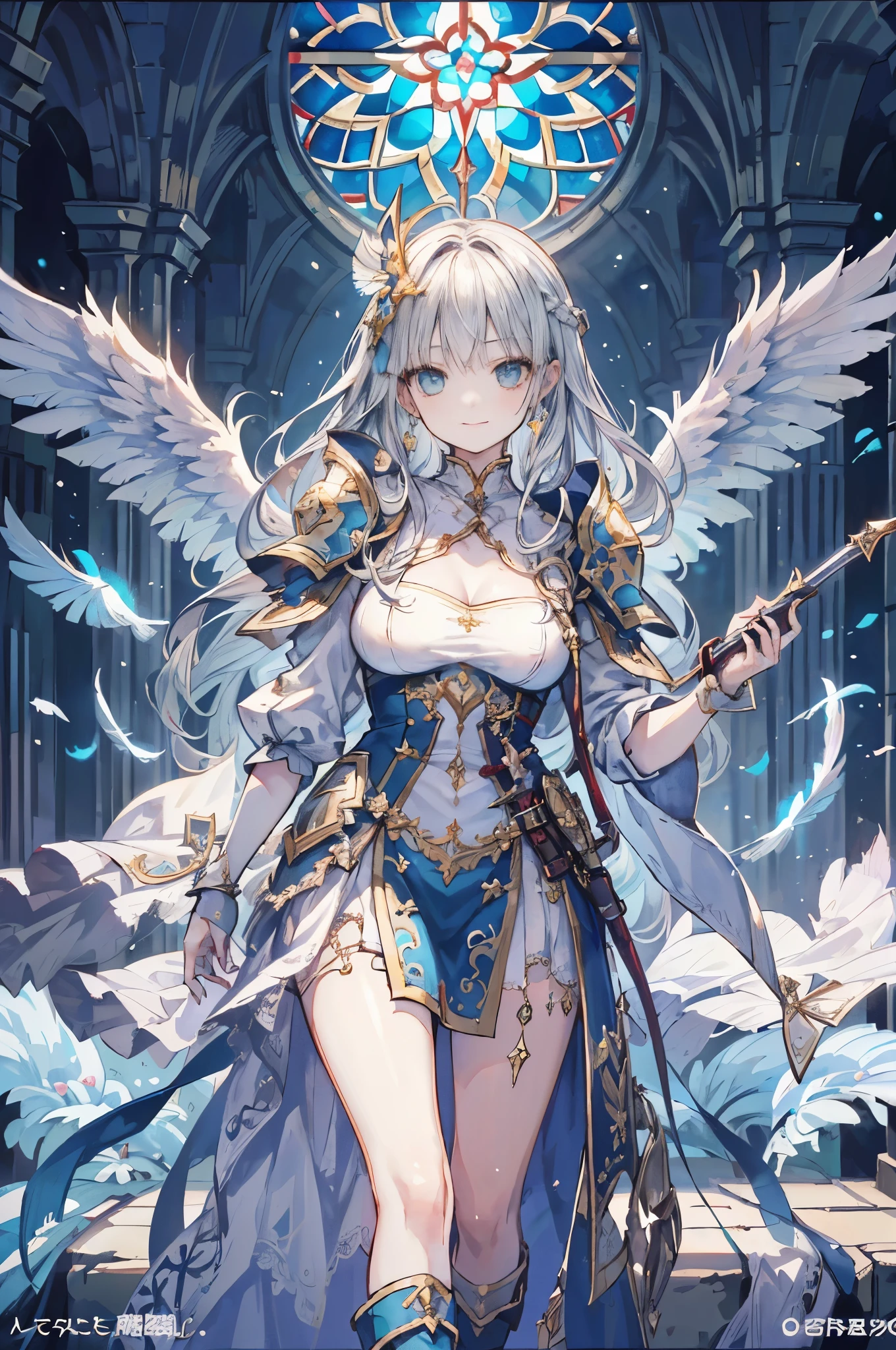 (official art、best quality、Unity 8k wallpaper、32k、Masterpiece、Super detailed、ultra high resolution、realistic、Realism、Very ridiculous:1.2)、(Cinema lighting:1.2)、fire glow effect、film particles、best shade、edge lighting、side lights、(Super detailed且复杂的 3D 渲染)、细致beautiful face庞和眼睛、sharp pupils、realistic学生、A slender one、1Men Women、medium bust、(whole body:1.2)、 beautiful face、16 year old beautiful girl、(Super fine skin、Detailed skin texture:1.3)、(silver blonde、Blue-silver hair:1.3)、Paladin、long hair、blunt bangs、green eyes、3 braids 1 bundle、(blue colored armor、Blue boots、Blue helmet、set with precious stones、gold embroidery)、A slender one、long skirt、(thighs thighs thighs thighs:0.8)、(Chis、in the house、Stained glass of art、Large pipe organ、Hello、mystery、A lot of feathers floating、angelic、light particles、serious、Sunshine is、Colorful、fantastic:1.2)、(fantastic:1.3)、(Holding the holy sword:1.4)、fantastic、smile smile