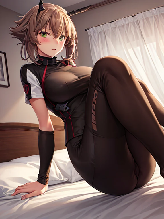 top Quality, masterpiece, ultra detailed, distinct, Beautiful expression, Eyes and faces with detailed, 8k, breath, balance and coordination in all things, (1girl,solo:1.2),standing,, looking back,full body, (riding clothes, jodhpurs:1.3), (busty:0.5), mature, curvy, narrow waist, brown_hair, short_hair, green_eyes, hair_between_eyes,, blush,(seductive smile:0.2), close mouth, in hotel, bed, mutsu_kantaicollection