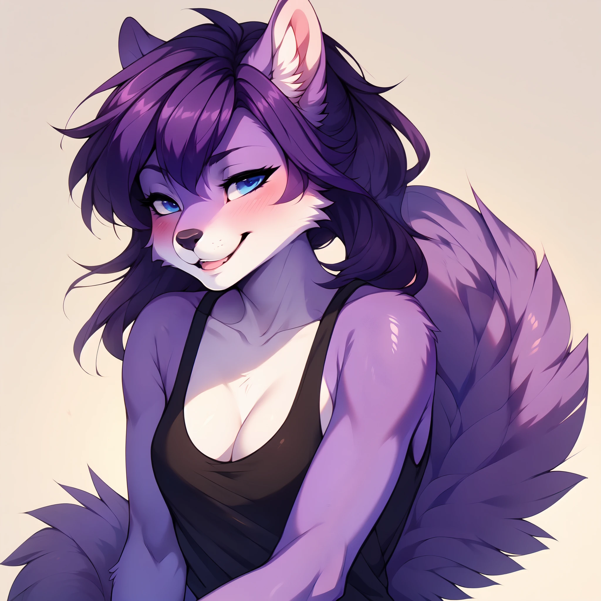 Solo, by fumiko, by hyattlen, by hioshiru,  Kaori, blue eyes, black nose, purple squirrel girl, short purple hair, ponytail, purple furry body,  wearing black tank top, portrait, close up, squinting:2, ((looking away)):1.3, blushing profusely, head tilted, coy smile, mouth slightly open, laughing, shy, no background, front ciew