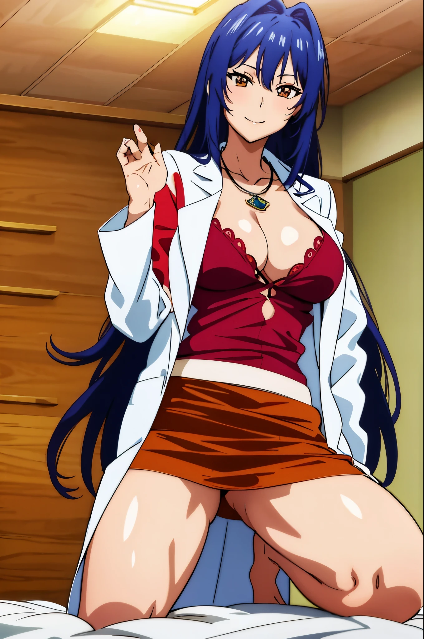 masterpiece, best quality, NJAkiV4, 1girl, solo, long hair, looking at viewer, smile, slight smile, skirt, cleavage, jewelry, indoors, miniskirt, necklace, labcoat, sexy pose