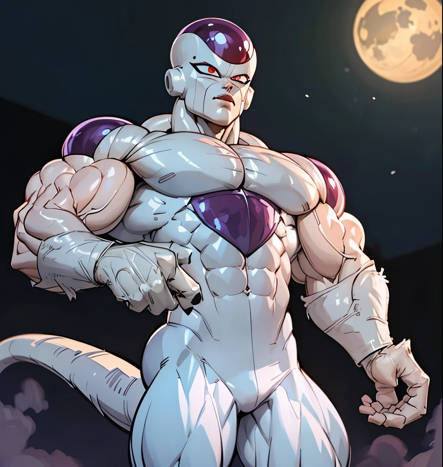 [(ES) ((masterpiece)) & (frieza), ((best illustration)) & ((extremely delicate and beautiful))),  ((bulky muscles)), (large shoulders), ((veiny)), ((large biceps)), hyper muscle, high resolution,  cowboy shot, 1 boy, male focus, solo, red eyes, tail, watercolor:0.8, ((white biceps:1.4)), ((white hands:1.4)), serious expression, black sky, night, creepy night sky, clouds at night, raining, very dark, covered in blood,])