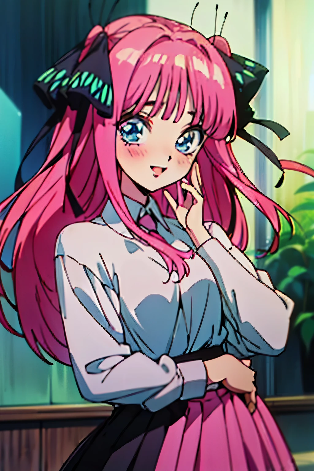 Vintage anime girl, 90's anime style, old animes, noise, chromatic aberration, good quality, old anime, naoko takeuchi style, vintage anime, sparkling big eyes,  sfw, pretty teenage girl with silky pink hair, heart shaped lips and blue eyes making a cute face, laughing, aamiku, Nakano Nino from The Quintessential Quintuplets, Nino Nakano, masterpiece, 4k, ultradetailed, cowboy shot, nakano Nino, pink red hair, butterfly hair ribbons, blue eyes, sparkling eyes, black blazer, collared white shirt, green pleated skirt, school uniform