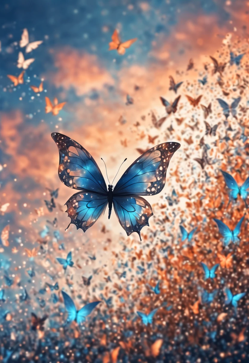 Magical, soft tones, clouds with orange, blue, gray, brown colors, detail, magical butterfly close up, thousand of small silhouettes of (magical fairies) in the sky like particles flowing in the air,