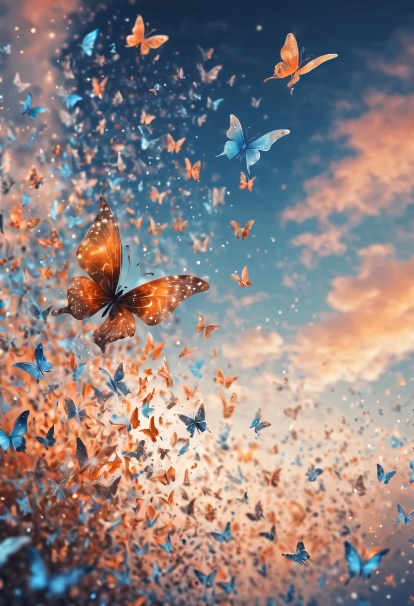 Magical, soft tones, clouds with orange, blue, gray, brown colors, detail, magical butterfly close up, thousand of small silhouettes of (magical fairies) in the sky like particles flowing in the air,