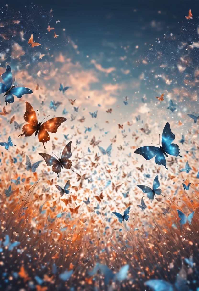 Magical, soft tones, clouds with orange, blue, gray, brown colors, detail, magical butterfly close up, thousand of small silhouettes of (magical fairies) in the sky like particles flowing in the air,