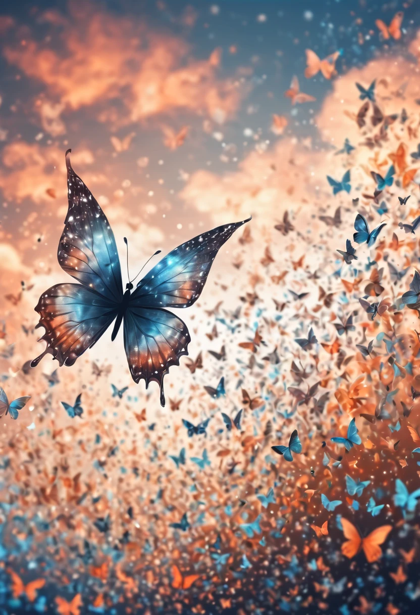 Magical, soft tones, clouds with orange, blue, gray, brown colors, detail, magical butterfly close up, thousand of small silhouettes of (magical fairies) in the sky like particles flowing in the air,