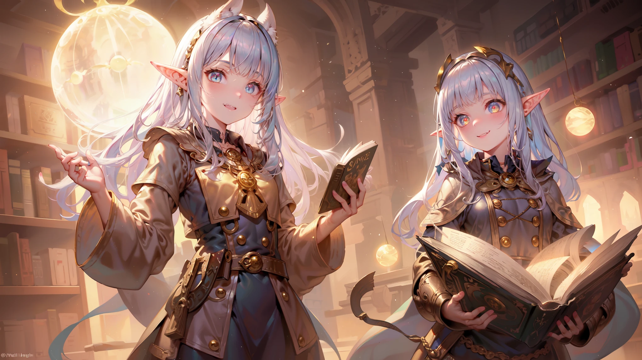 cowboy shot,elf ears, elf girl small waist,beautiful eyes, detailed eyes, glowing eyes, golden hair , smiling, vintage clothing,fang teeth,background magical library filled with towering shelves of ancient tomes and glowing orbs of light, where wizards and scholars pore over ancient texts in search of knowledge