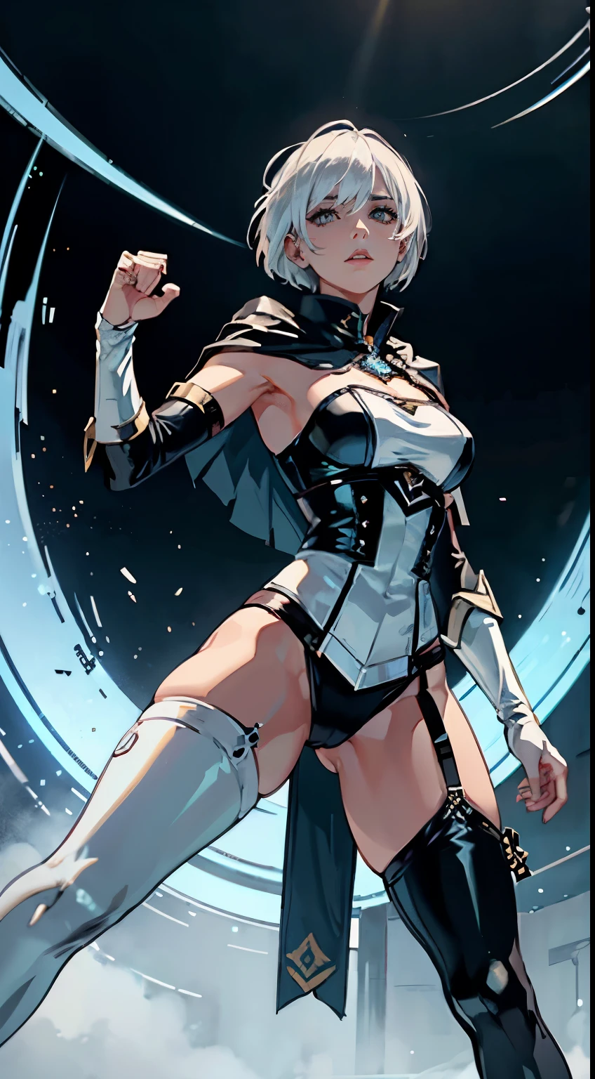 White haired female, short hair, Futuristic Arena SuperBowl, lingerie football league (masterpiece, high quality:1.1) slender frame, magepunk, priestess, lingerie, revealing football, cape, reciever, fighting stance, dynamic pose, 8k, high resolution.