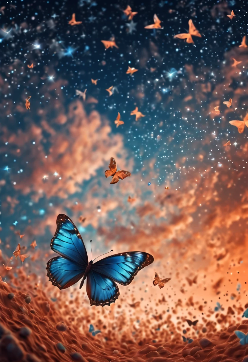 Magical, soft tones, clouds with orange, blue, gray, brown colors, detail, magical butterfly close up, thousand of small silhouettes of magical stars) in the sky like particles flowing in the air, in mars