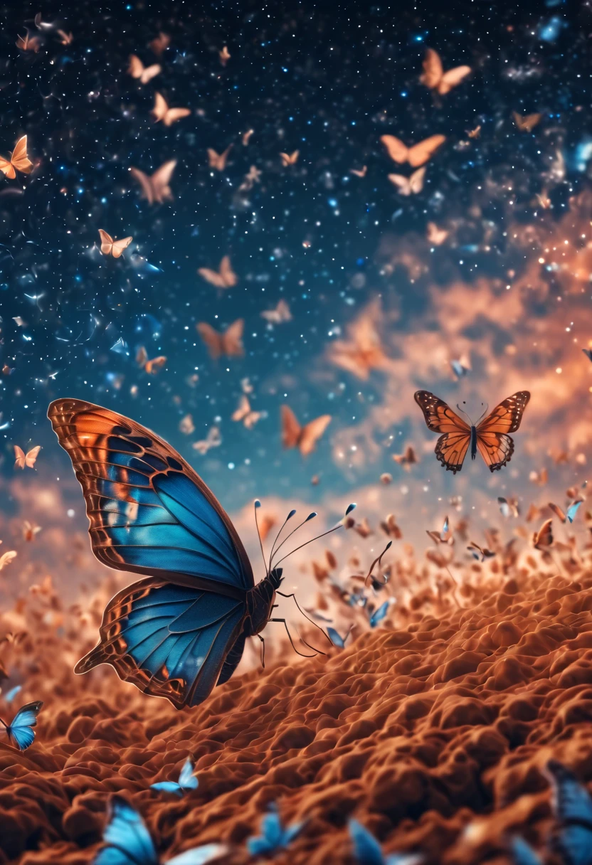 Magical, soft tones, clouds with orange, blue, gray, brown colors, detail, magical butterfly close up, thousand of small silhouettes of magical stars) in the sky like particles flowing in the air, in mars