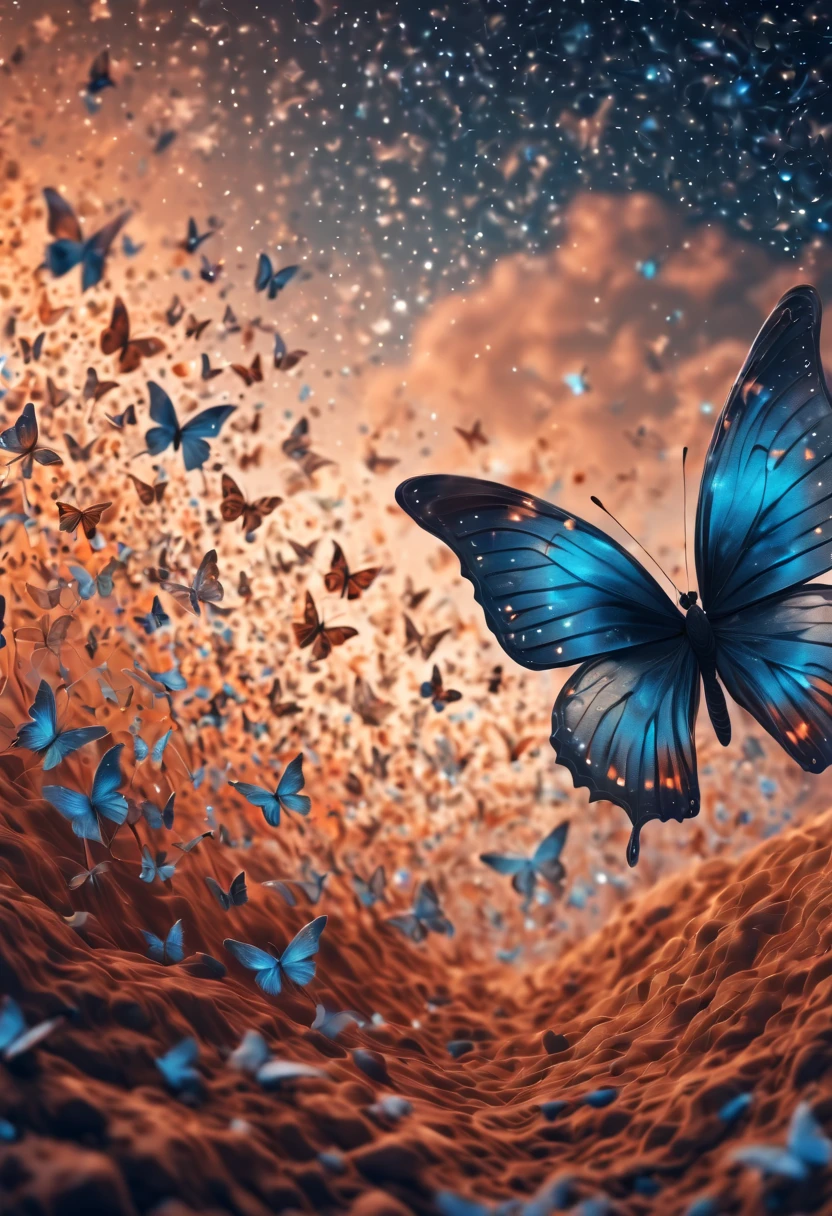 Magical, soft tones, clouds with orange, blue, gray, brown colors, detail, magical butterfly close up, thousand of small silhouettes of magical stars) in the sky like particles flowing in the air, in mars