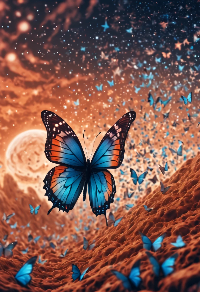 Magical, soft tones, clouds with orange, blue, gray, brown colors, detail, magical butterfly close up, thousand of small silhouettes of magical stars) in the sky like particles flowing in the air, in mars