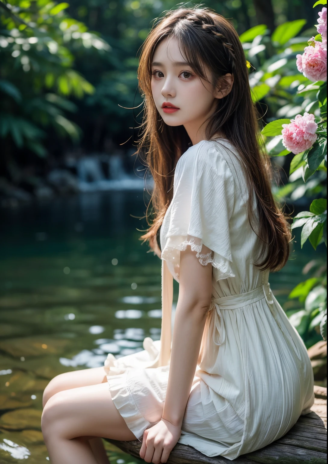 The shore of a large waterfall、lolita fashion、cute girl、-yeld gisitting on a thick branch、I can see a small star、flowers around、in the deep forest、perfect lighting、sharp focus、High definition、high resolution、High color rendering、High resolution、Super realistic、photo realistic 、((highest quality)), ((masterpiece)), gothic stuff、Bold colors and patterns, eye-catching accessories, fashionable and innovative hairstyles, bright makeup, ((Beautiful and aesthetically pleasing))