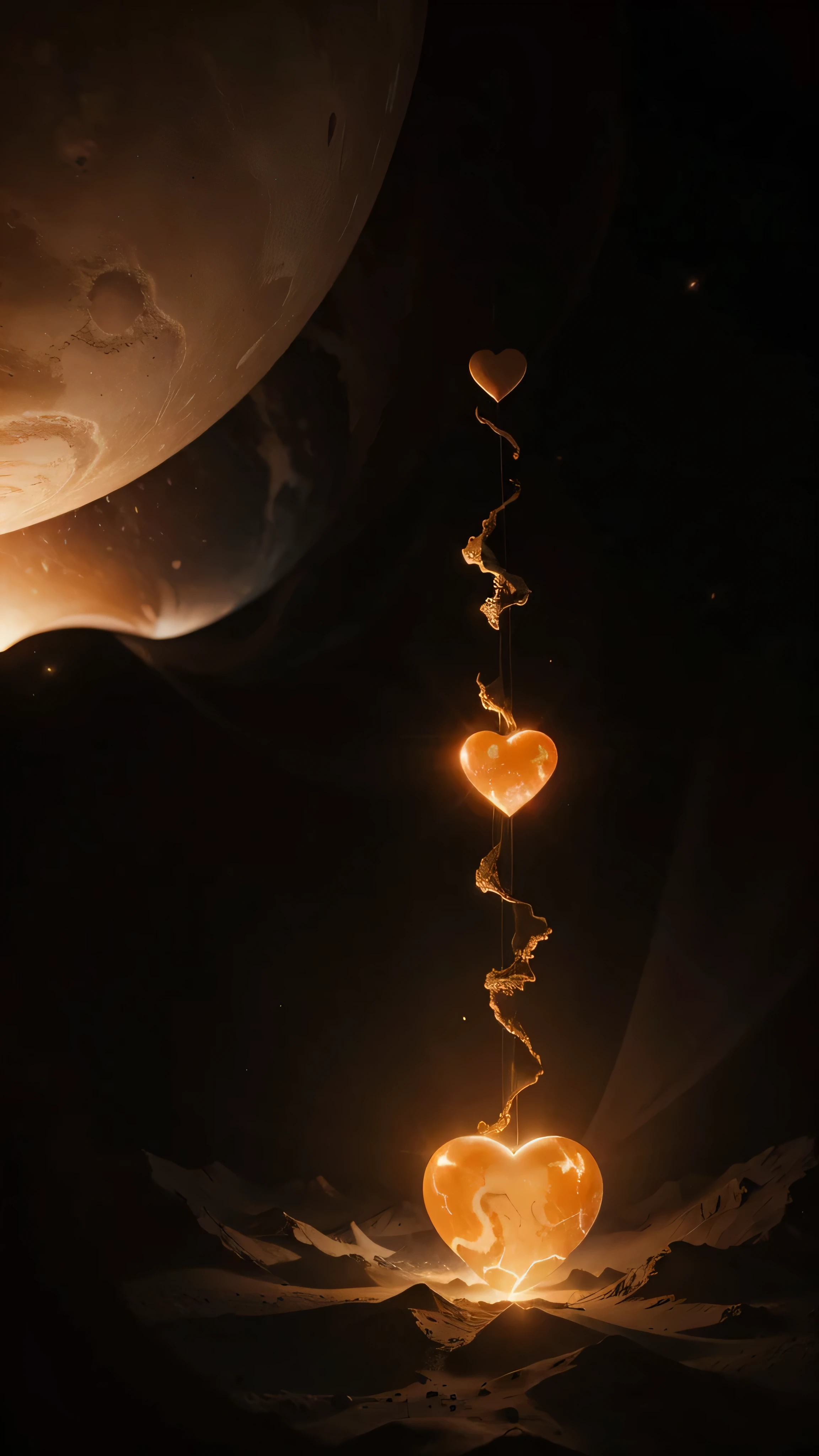 orange marble, a voluminous heart floats above your head, a large symmetrical heart hangs in the air , , on a dark gold background ,behind the nebula ultra high quality, Super Detailed Focus, , high detail, 8K, photorealistic, dazzling, Rule of thirds, volume depth,, Attention to detail, grandeur and awe, A stunning visual masterpiece, hard light, ,