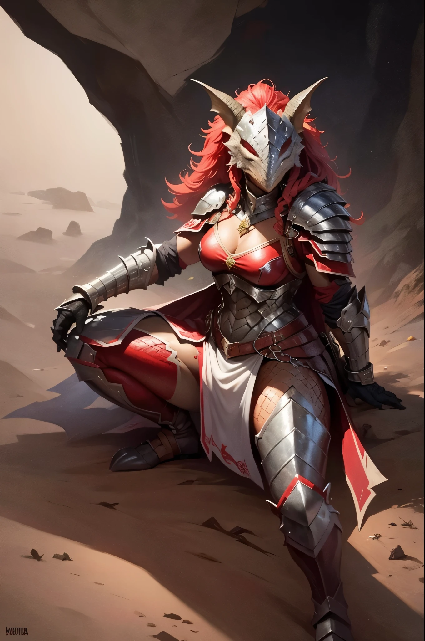 Uma draconato mulher de pele vermelha guerreira com armadura