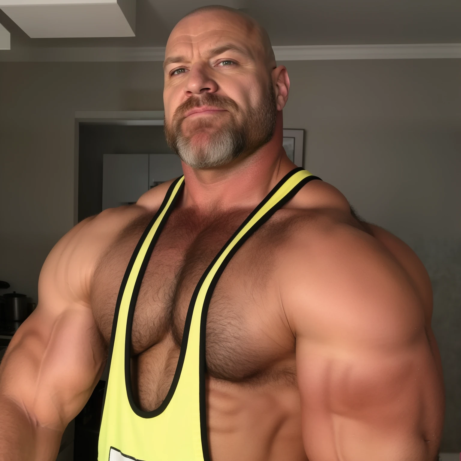 arafed man with a beard and a yellow vest standing in a kitchen, robust stocky body, hirstute and muscled, hot daddy, beefy, 45 years old men, walter white as a bodybuilder, gigachad muscular, hairy chest, strong and imposing, manly monster tough guy, he is about 50 years old