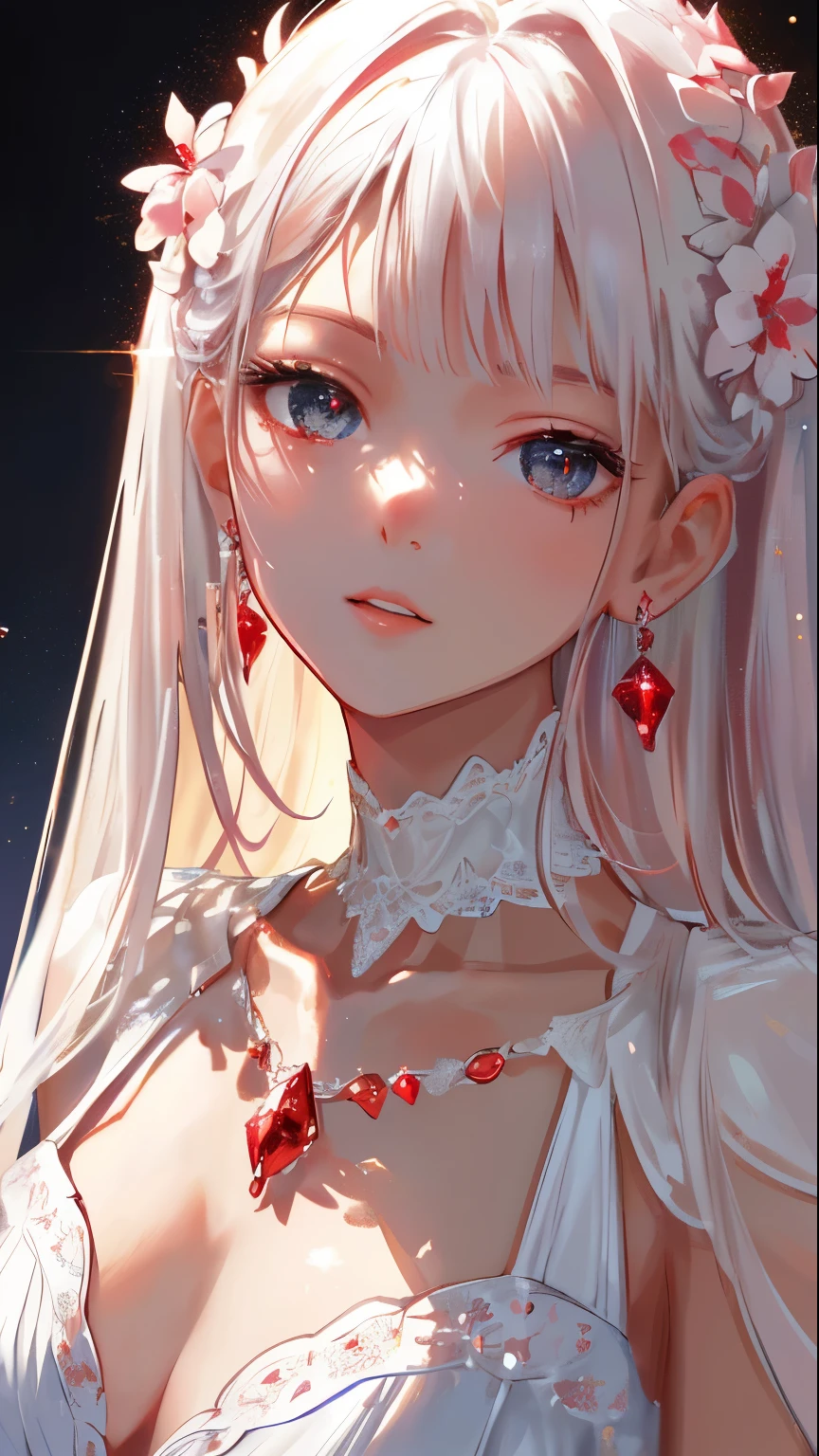 masterpiece, highest quality, figure, red, platinum earrings, Platinum Necklace, white dress, 1 girl, cute, (dynamic lighting:1.2), cinematic lighting, delicate features, fine eyes, sharp pupils, good shape big breasts, realistic student, Depth of bounds written, Bokeh, sharp focus, (very detailed, bloom, shine:1.4), Many Small Gems
