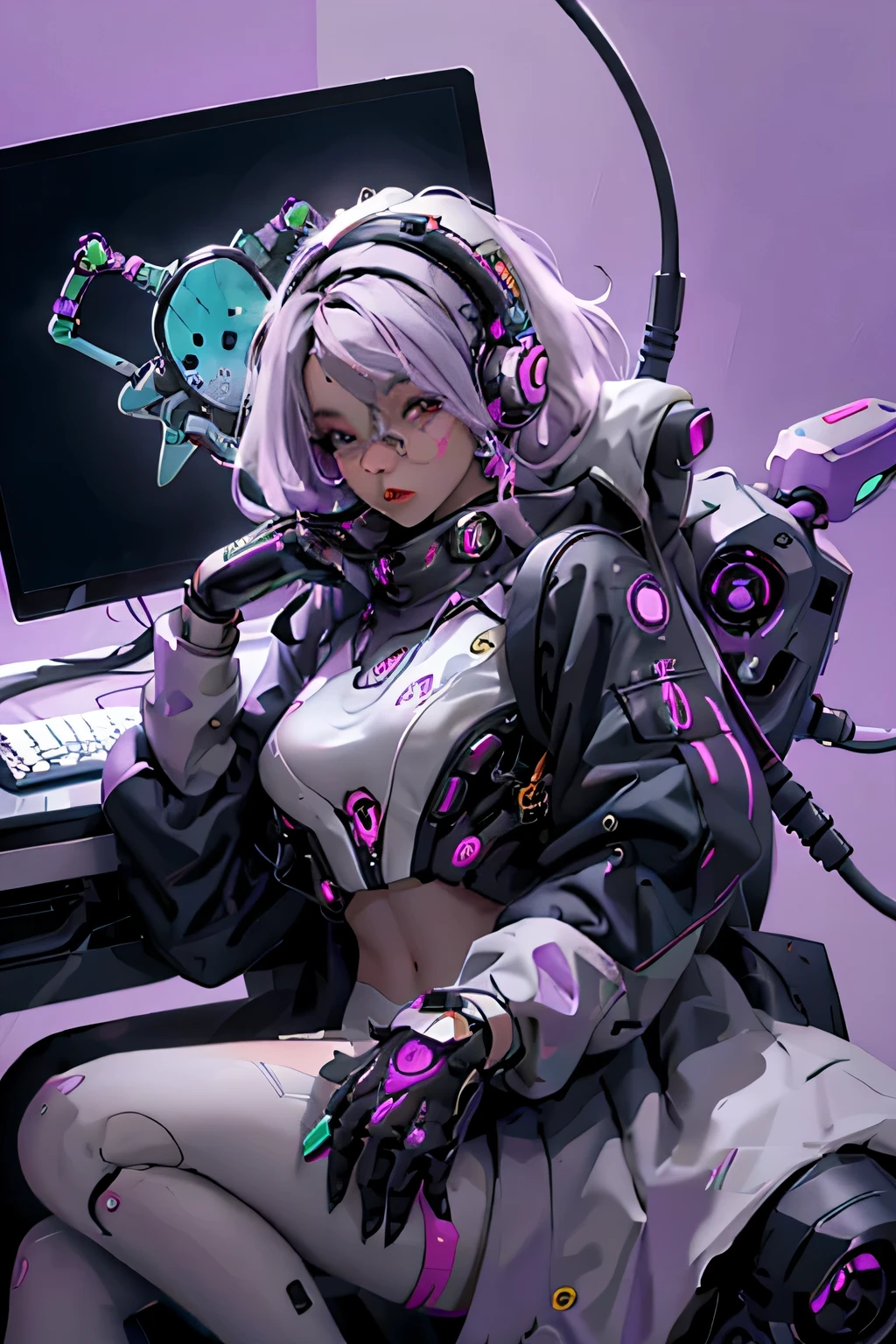 robo feminino mechendo no computador com detalhes em roxo