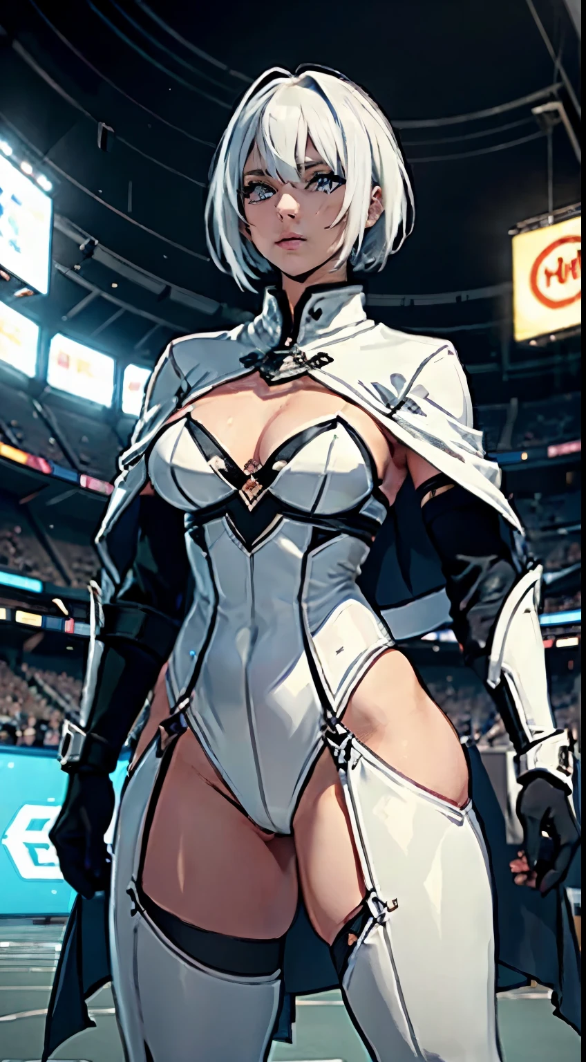 White haired female, short hair, Futuristic Arena SuperBowl, lingerie football league (masterpiece, high quality:1.1) slender frame, magepunk, priestess, lingerie, revealing football, cape, reciever, fighting stance, dynamic pose, 8k, high resolution.