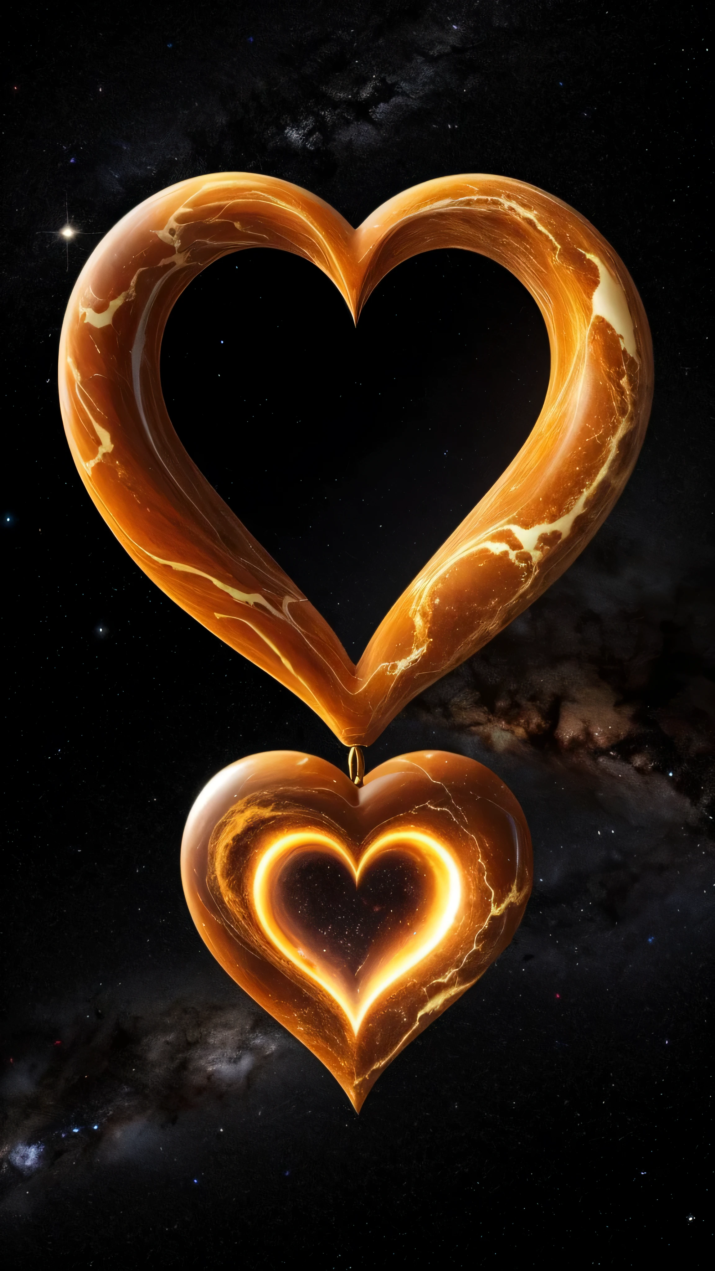 orange marble, a voluminous heart floats above your head, a large symmetrical heart hangs in the air , , on a dark gold background ,behind the nebula ultra high quality, Super Detailed Focus, , high detail, 8K, photorealistic, dazzling, Rule of thirds, volume depth,, Attention to detail, grandeur and awe, A stunning visual masterpiece, hard light, ,